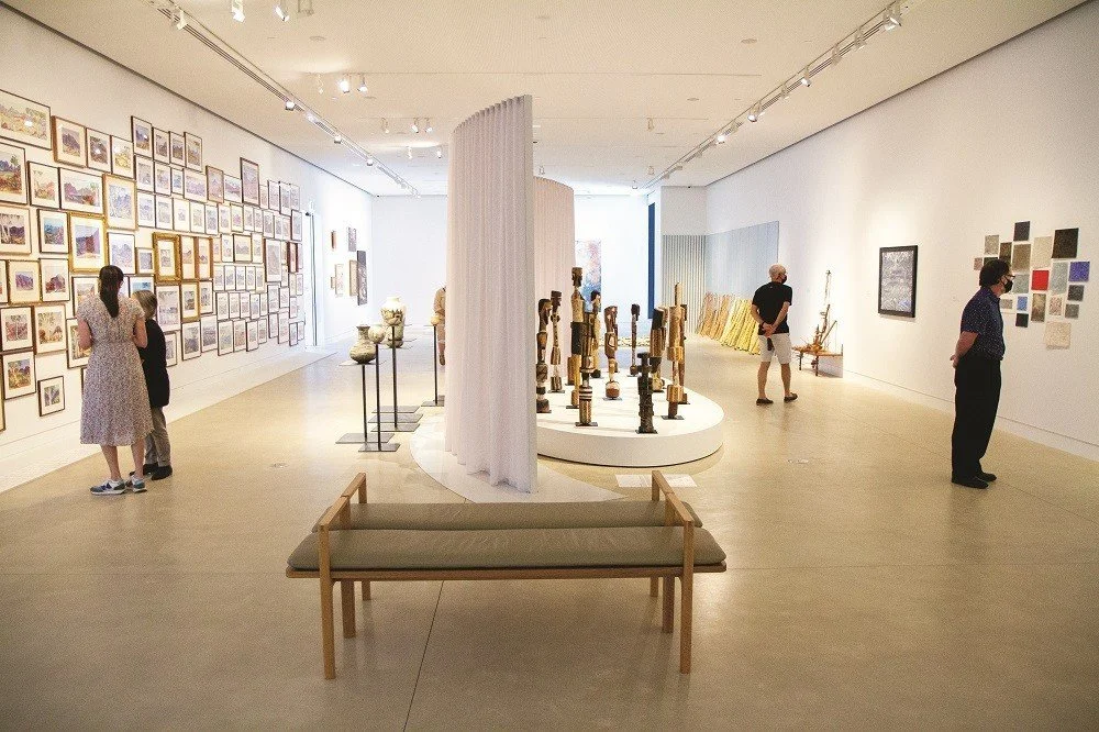 Mel Bench in American Oak, Nathan Day Design bespoke furniture - installed in gallery exhibition setting