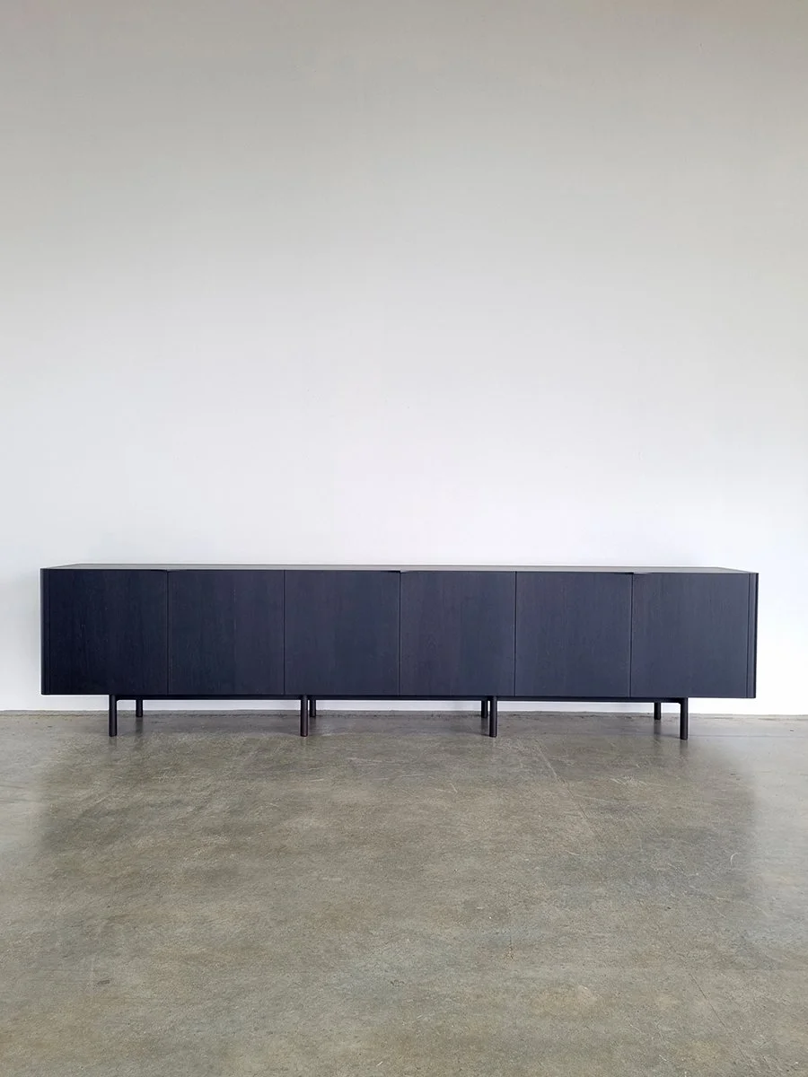 Honeycombs Cabinet in ebonised Walnut, wide full view in plain studio setting - Nathan Day Design bespoke furniture