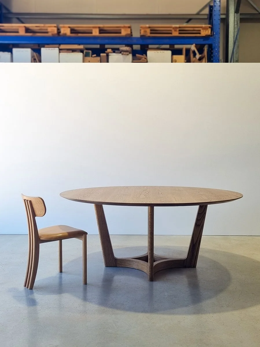 Round Froxfield Table in the Nathan Day Design workshop, styled with a matching timber chair