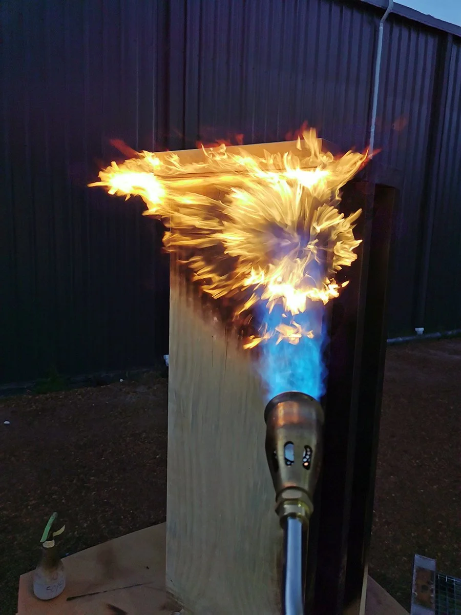 Scorched Buffet in scorched Norfolk Island Pine, torch scorching technique in process - Nathan Day Design