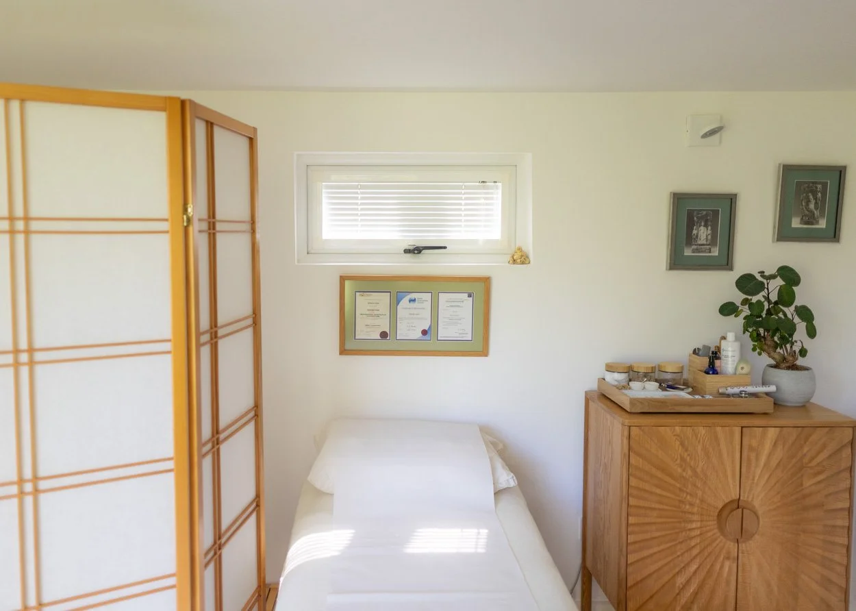 Small wellness room with a treatment couch, wooden privacy screen, framed certificates on the wall, a wooden cabinet with products, and a potted plant.