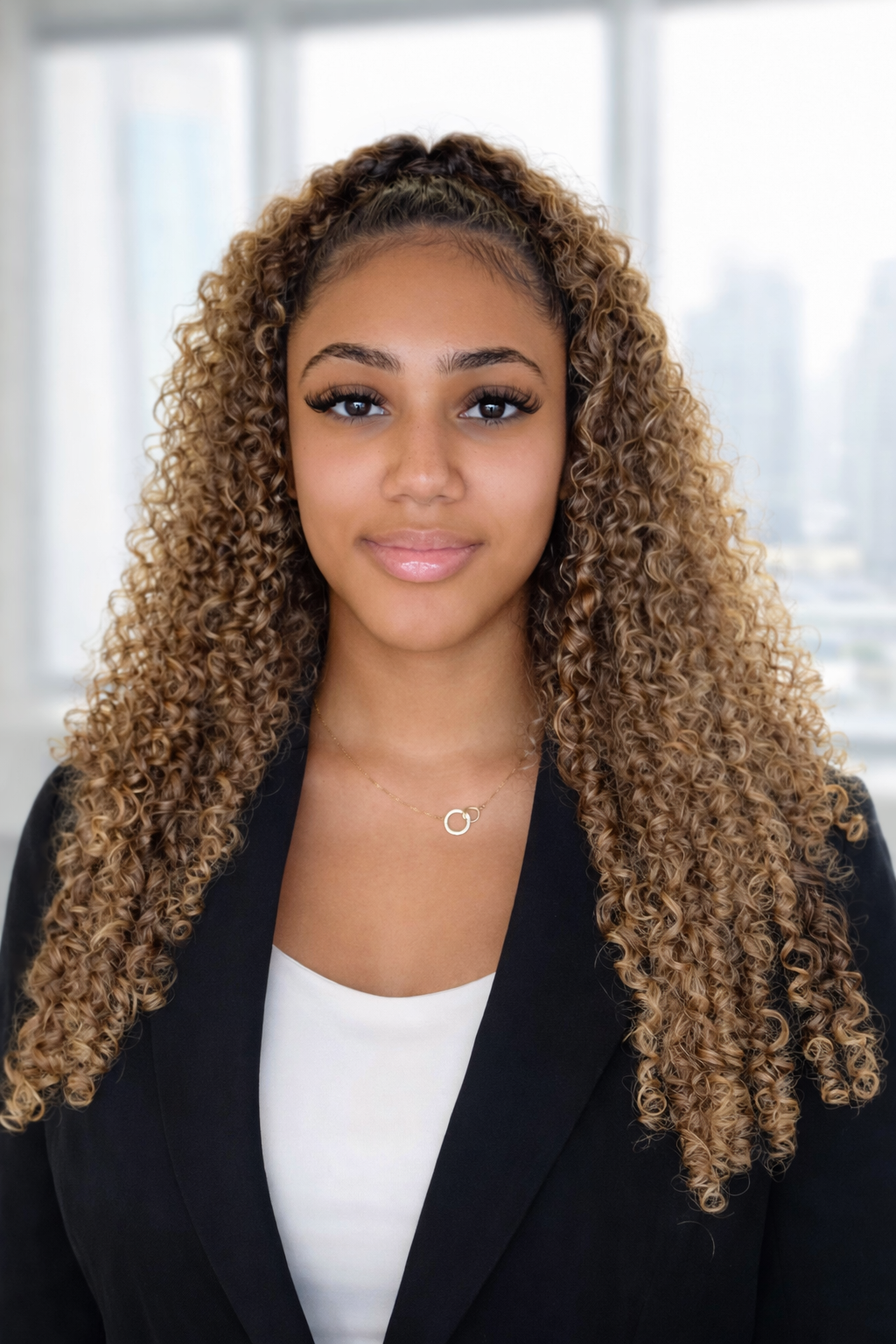 A young woman with curly blonde hair, wearing a black blazer over a white top, and a delicate gold necklace, standing in a bright office with large windows in the background.