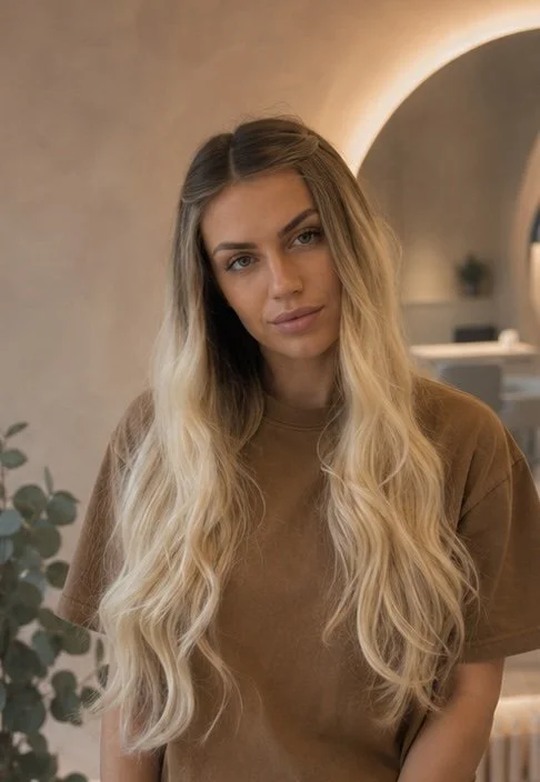 A woman with long, wavy blonde hair and a brown t-shirt, standing indoors with a neutral expression.