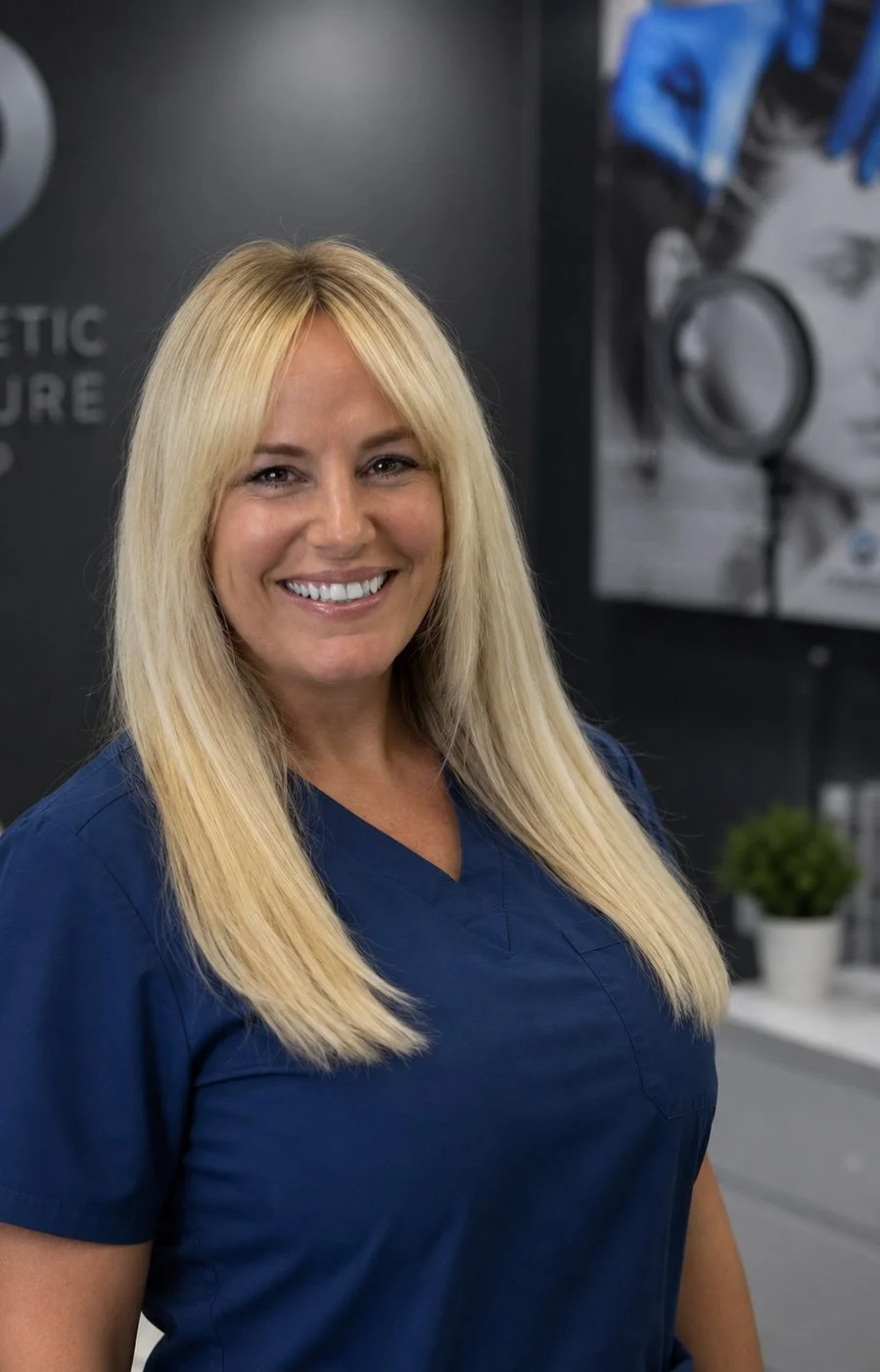 A smiling woman with long blonde hair wearing blue scrubs in a medical or dental office setting.