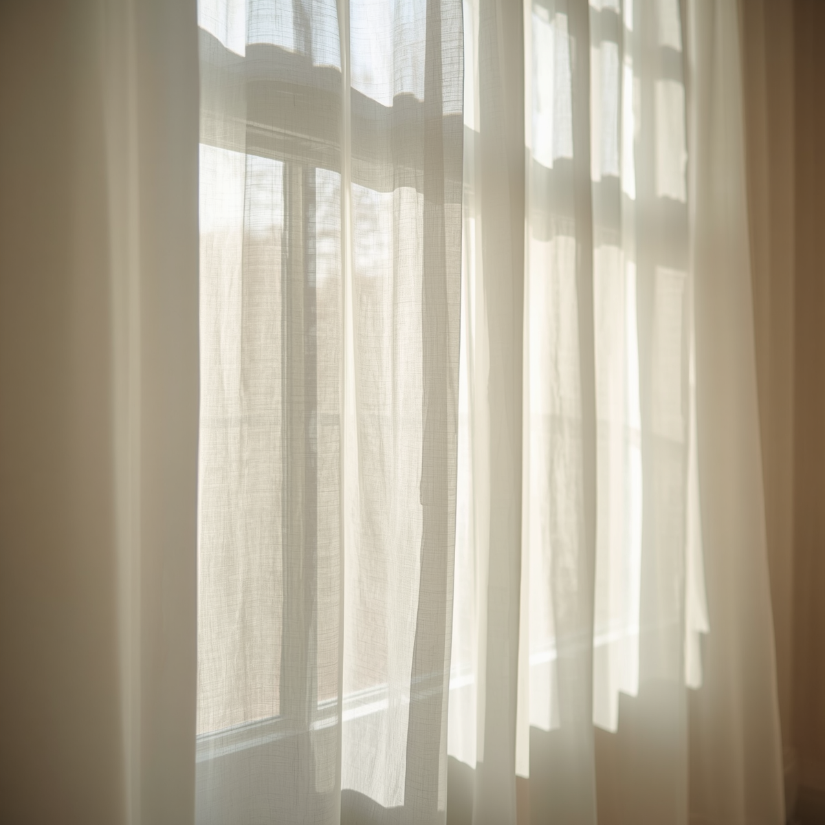 Sunlight shining through white sheer curtains covering a window.