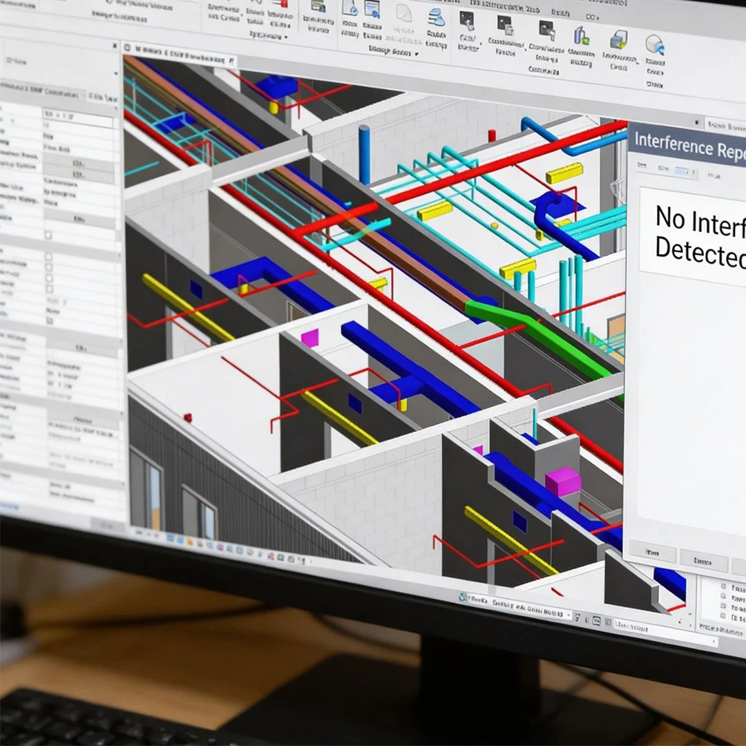Skærmbillede af en 3D-visualisering af et bygningsvaske- eller rørføring system i et projektstyringsprogram, med farvede rør og komponenter.