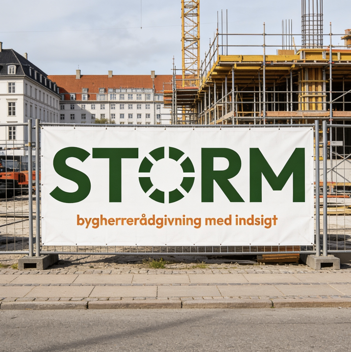 Byggemur foran en byggeplads med scaffolding og et skilt med teksten 'STORM bygherre rådgivning med indsigt' i grøn og orange, omgivet af bygningsmaterialer og lejligheder i baggrunden.