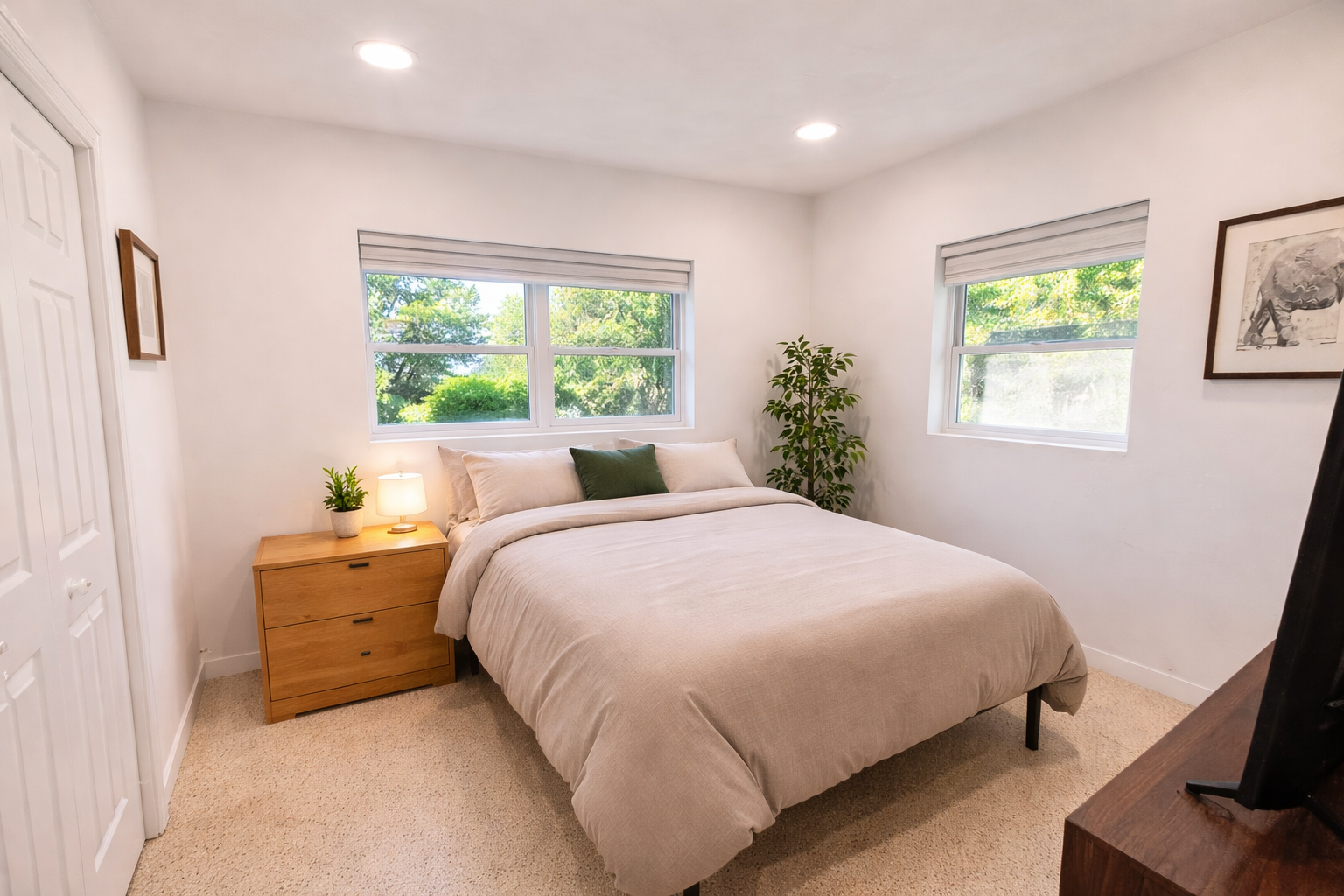 A cozy bedroom with a beige bedspread, two large windows showing green trees outside, a small wooden nightstand with a lamp and plant, and a potted plant in the corner.
