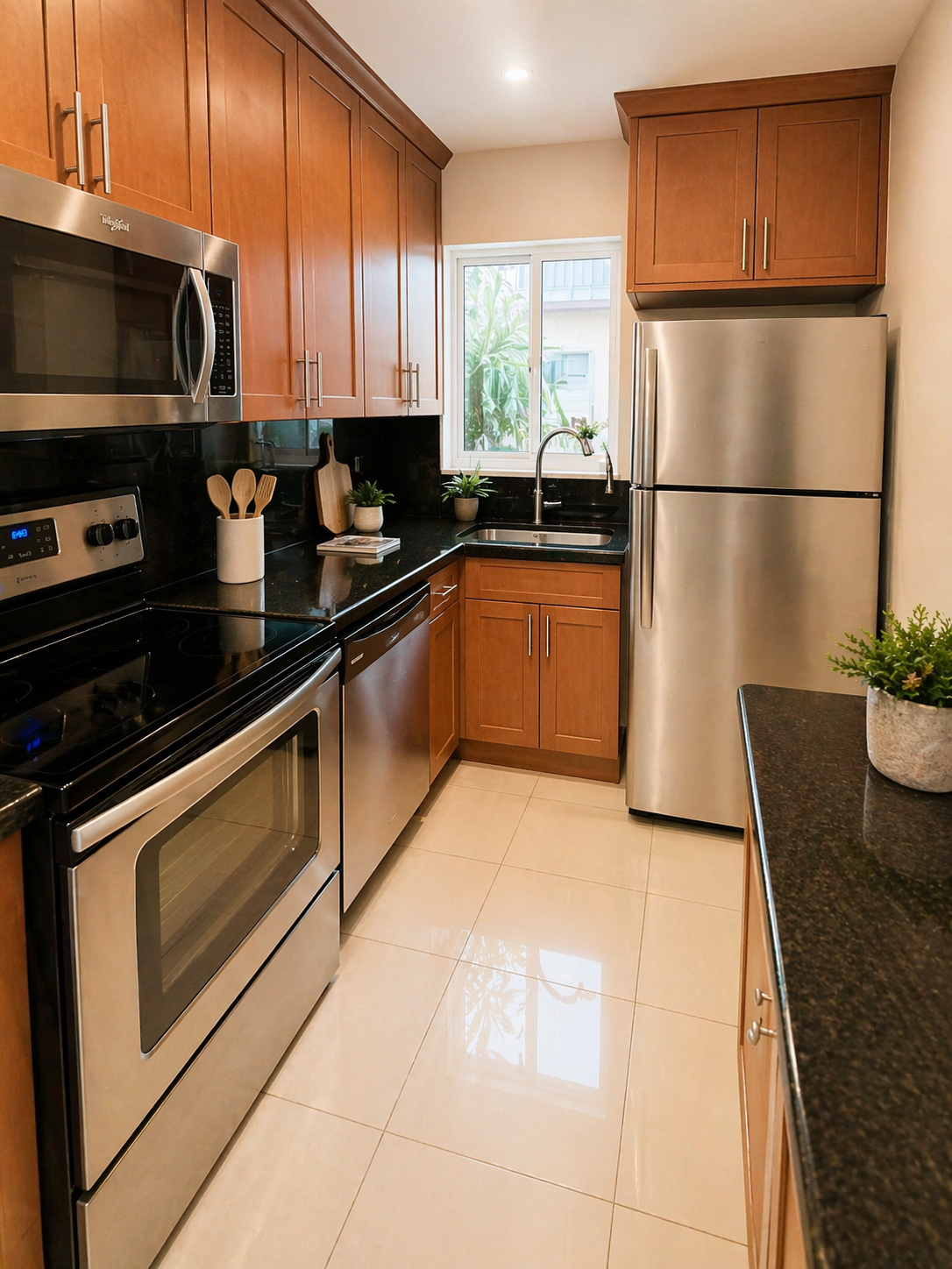A small kitchen with wooden cabinets, stainless steel appliances, black countertops, beige tiled floor, and a window above the sink with potted plants.