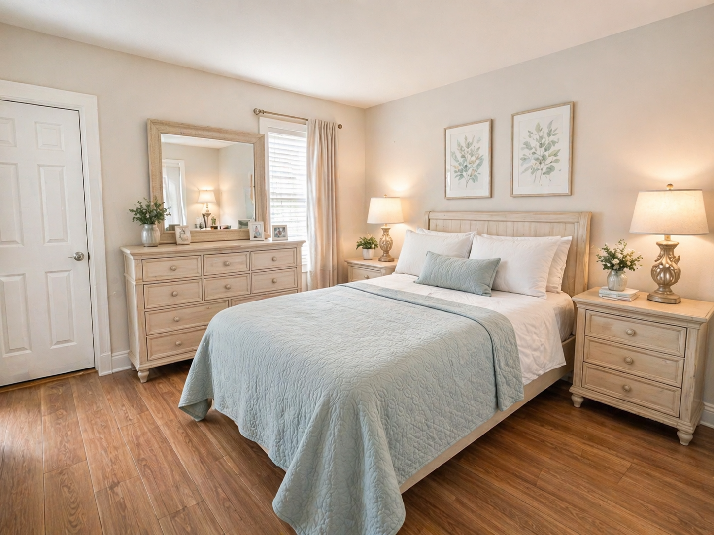 Bedroom with a bed, nightstands, lamps, dresser, large mirror, framed botanical artwork, and hardwood flooring.