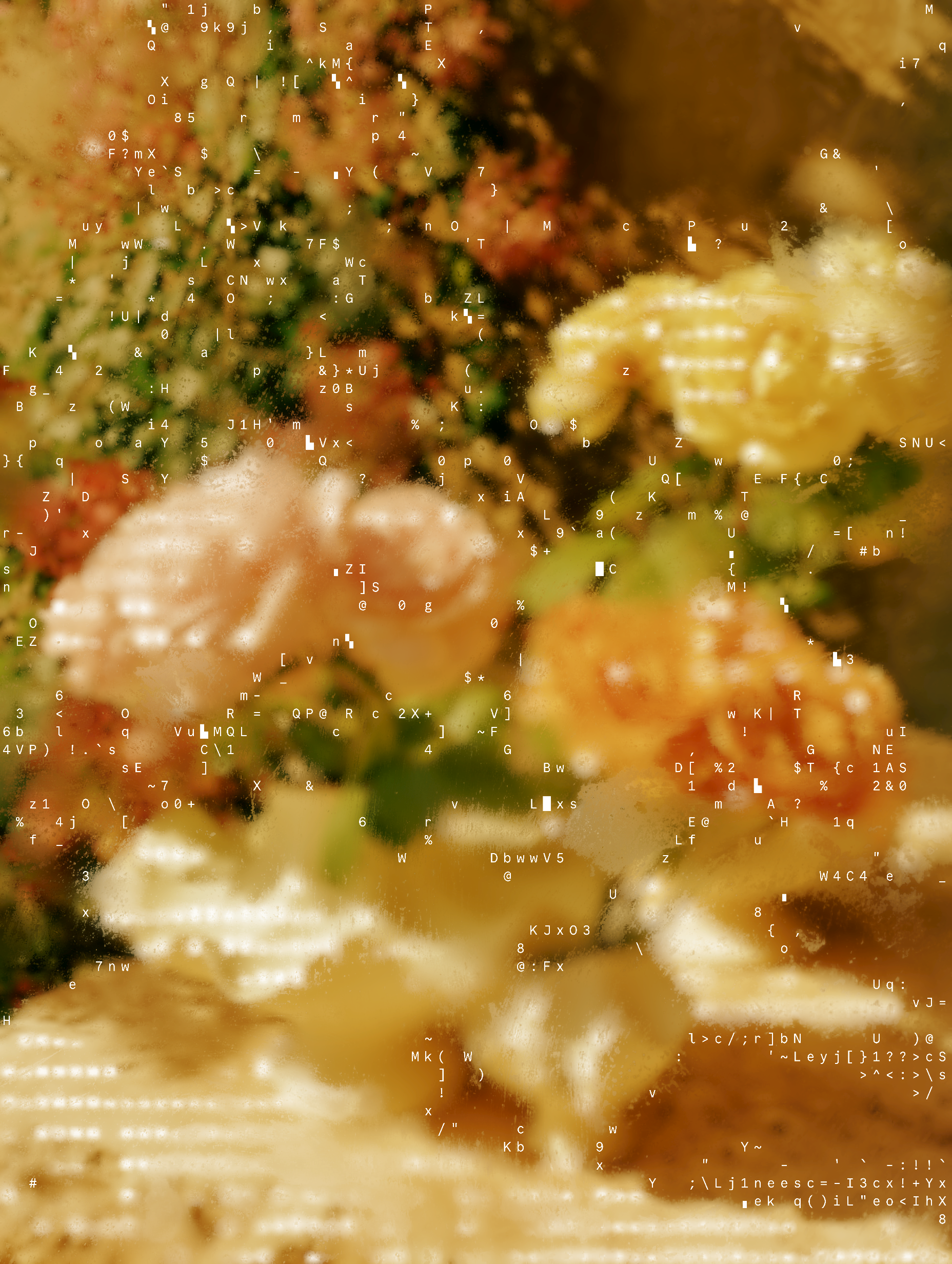 A highly abstract, pixelated image with overlaid white alphanumeric characters and symbols, obscuring the visual details behind.