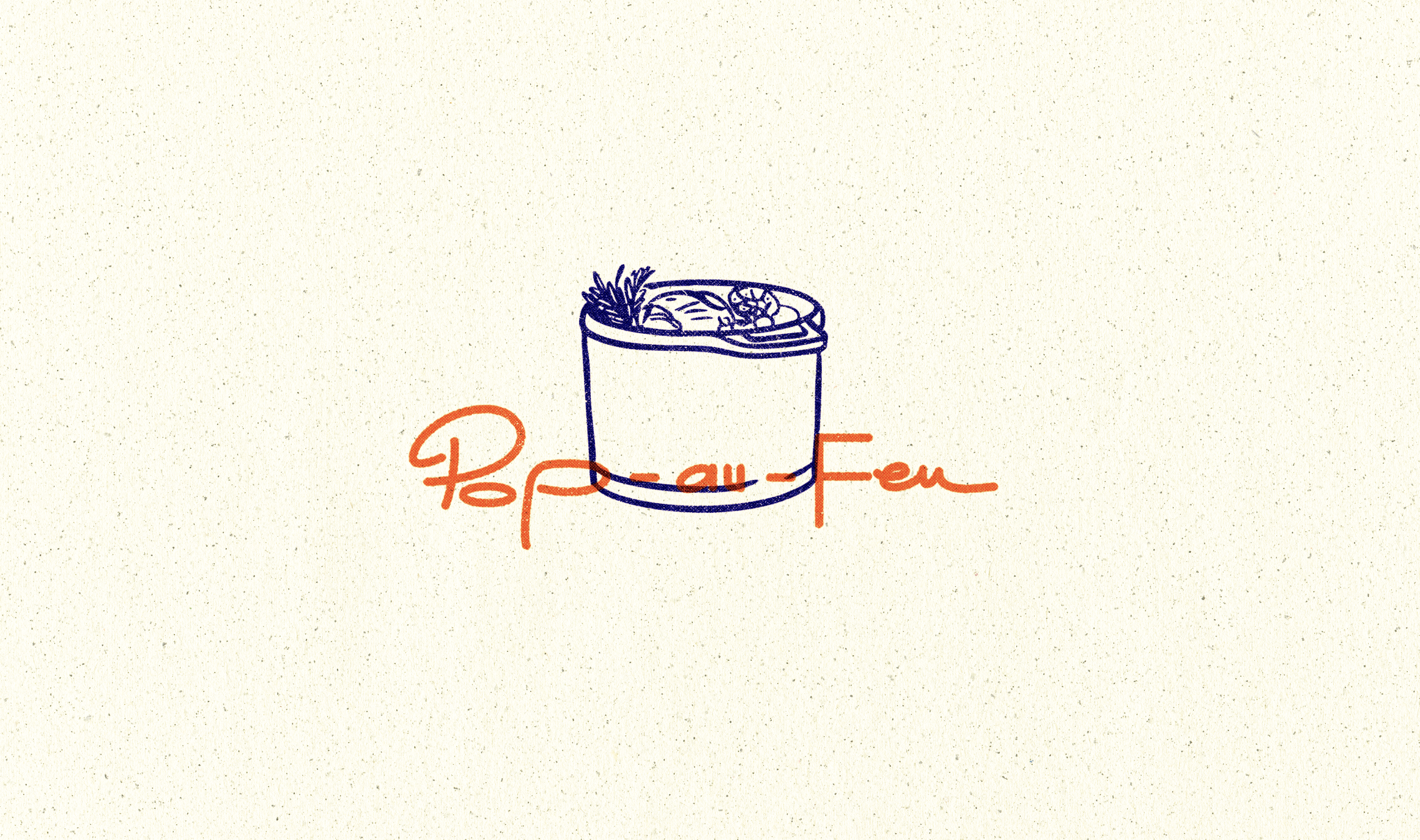 A simple line drawing of a bowl with various vegetables and herbs, with the words 'Pot au Feu' written in red below.