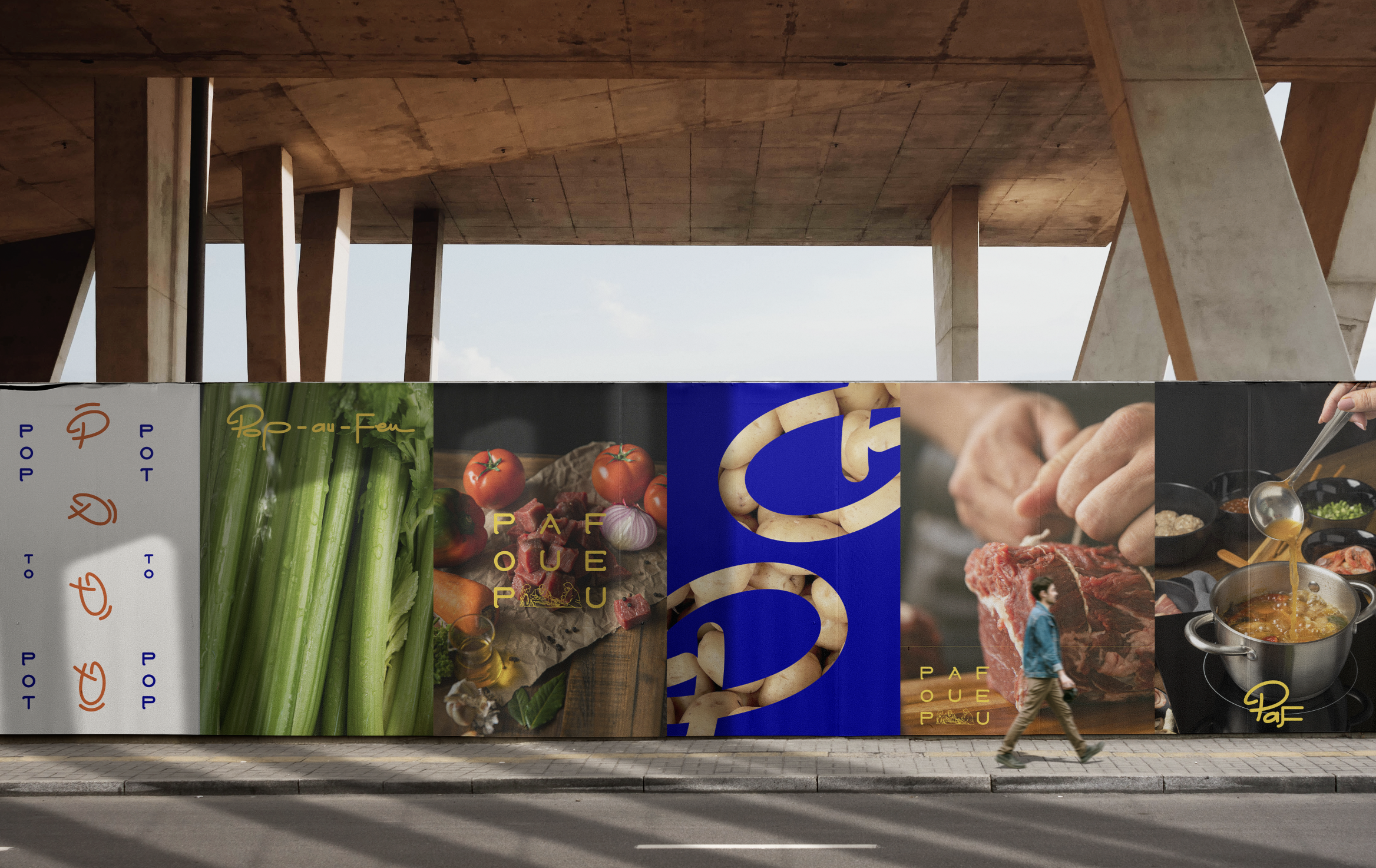 Large outdoor advertisement featuring images of various foods including celery, tomatoes, garlic, pasta, and a person preparing a meal, with a background of a concrete building structure and a person walking past on the sidewalk.