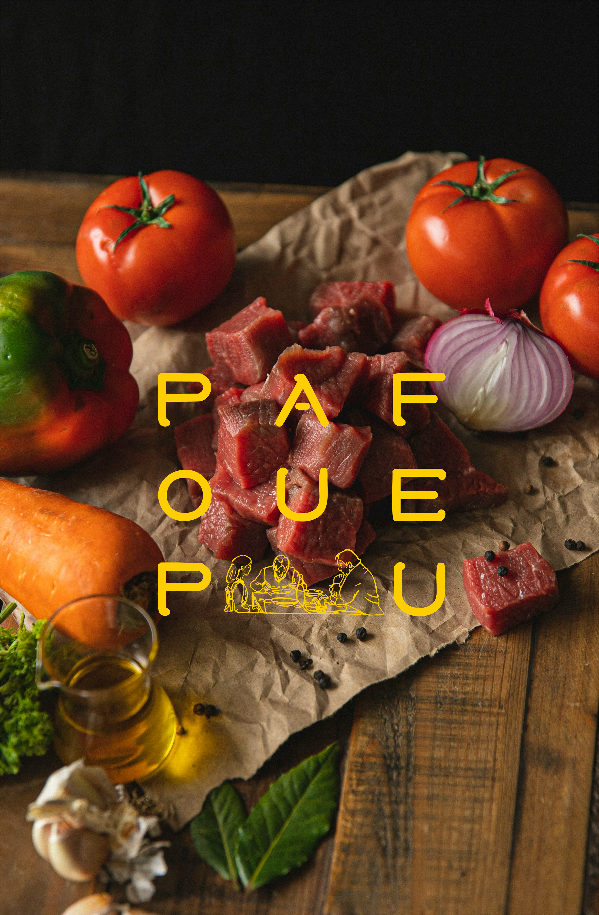 Fresh tomatoes, red bell peppers, onions, raw meat, garlic, herbs, and olive oil on a wooden surface, with the words 'PAF OU POU' and an illustration of people cooking overlaid.