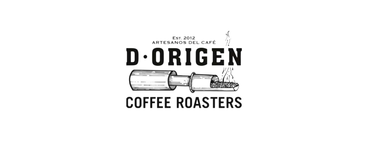 Logo for D'Origen Coffee Roasters featuring a coffee roaster illustration and text in English and Spanish