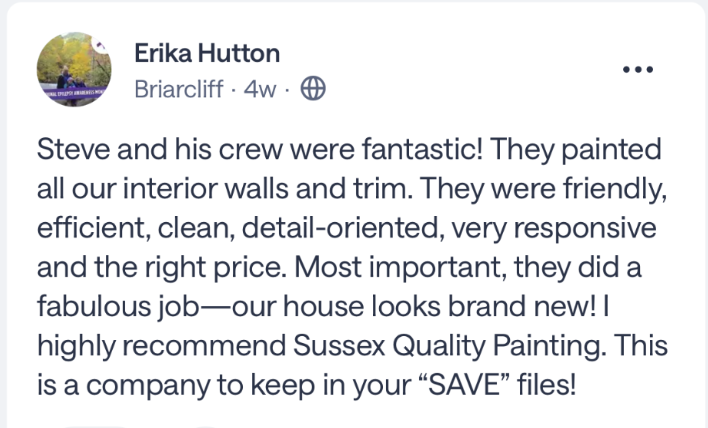 Screenshot of a social media review praising Sussex Quality Painting for interior wall and trim painting, highlighting their friendly, efficient, clean, and detail-oriented service, and noting that the house looks brand new.