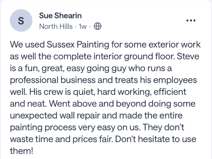 Screenshot of a Facebook review praising Sussex Painting for exterior and interior work, highlighting professionalism, hard work, efficiency, and fair prices.