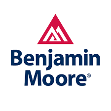 Benjamin Moore logo with a stylized pink and white triangular emblem above the company name in blue text