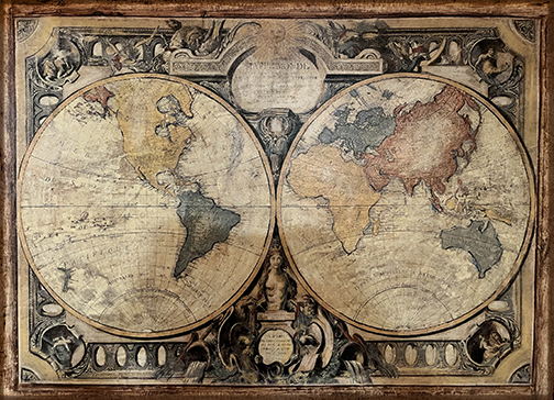 Vintage world map with two circular globes, decorative borders, and Latin inscriptions.