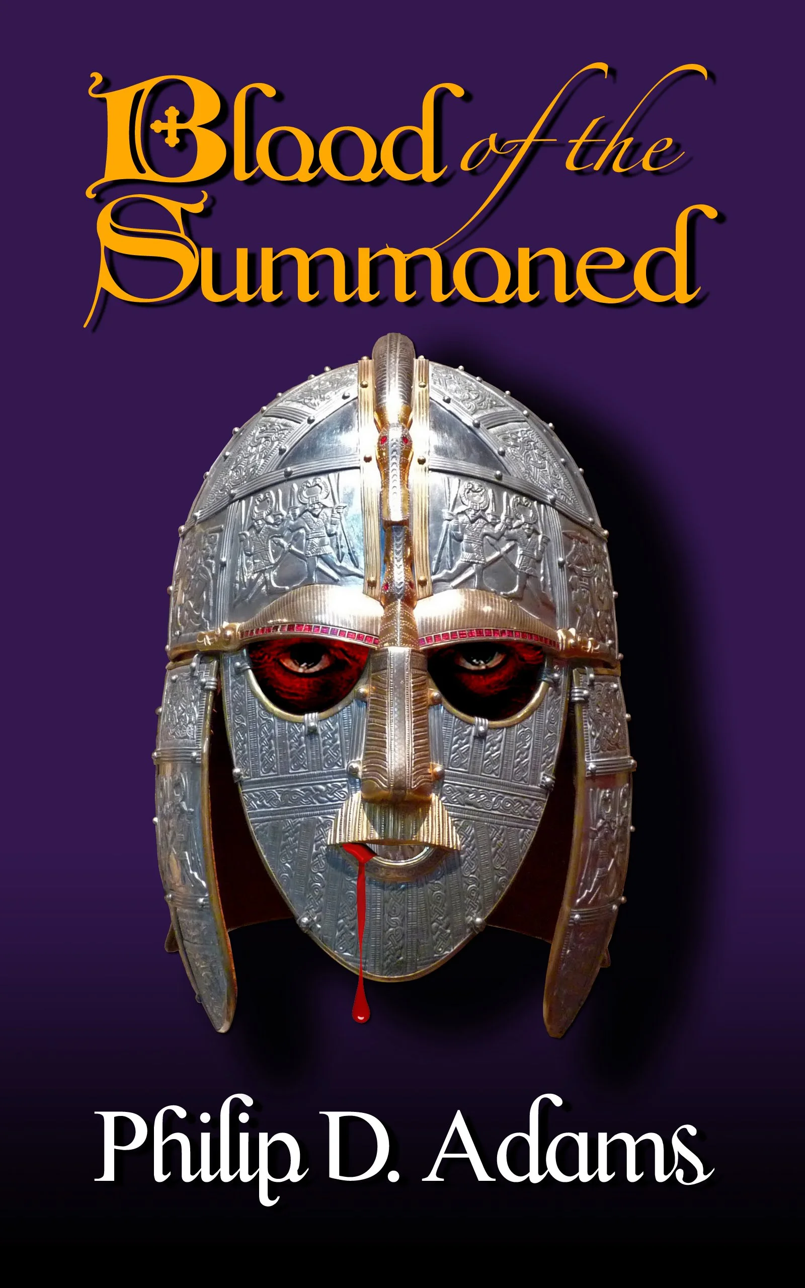 Book cover titled 'Blood of the Summoned' by Philip D. Adams, featuring a silver ornate ceremonial mask with red eyes and a blood drop from the mouth on a dark purple background.