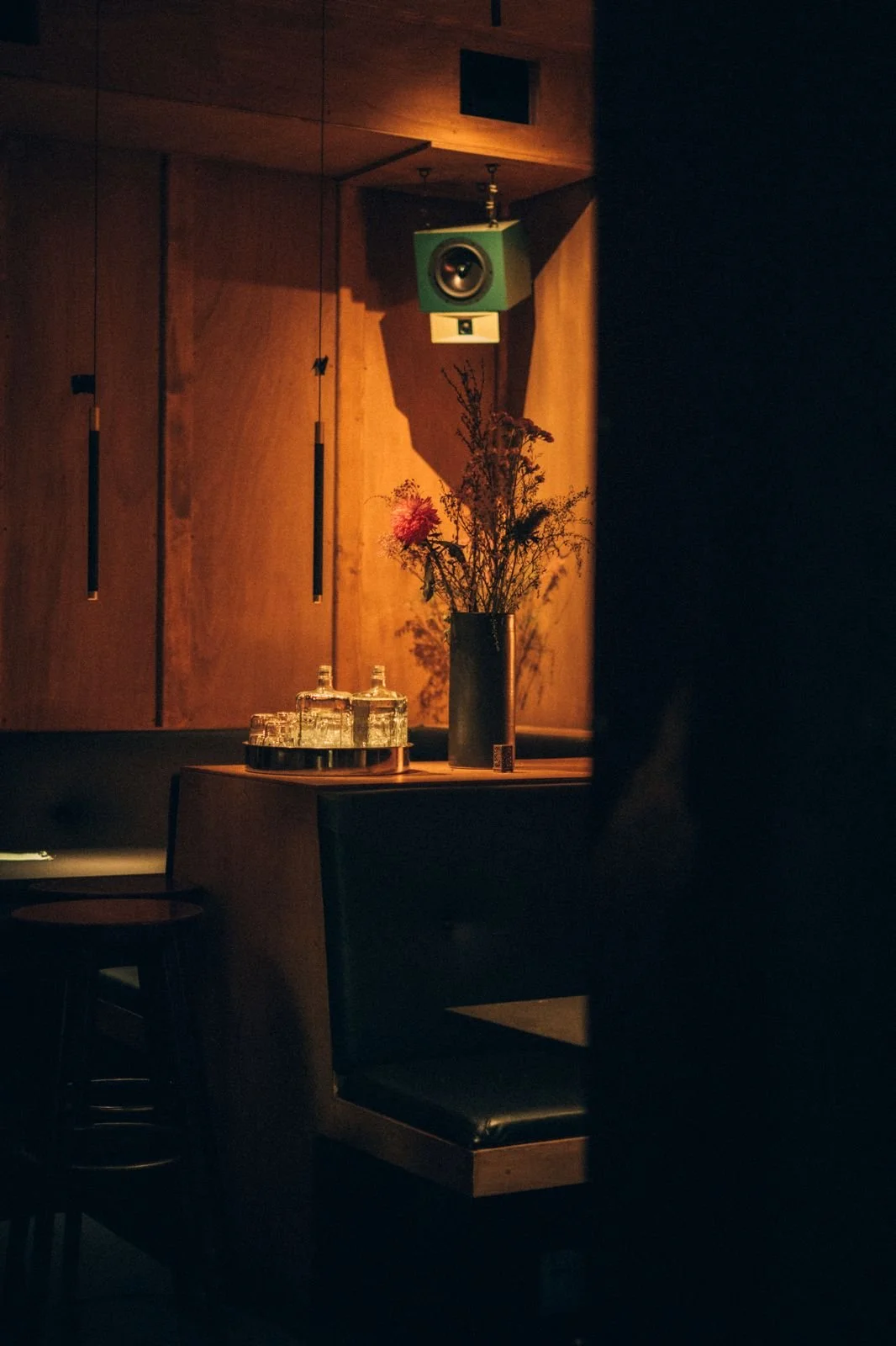 Dimly lit room with a wooden wall, a black table with a vase of wild flowers, and a teal speaker mounted on the wall.