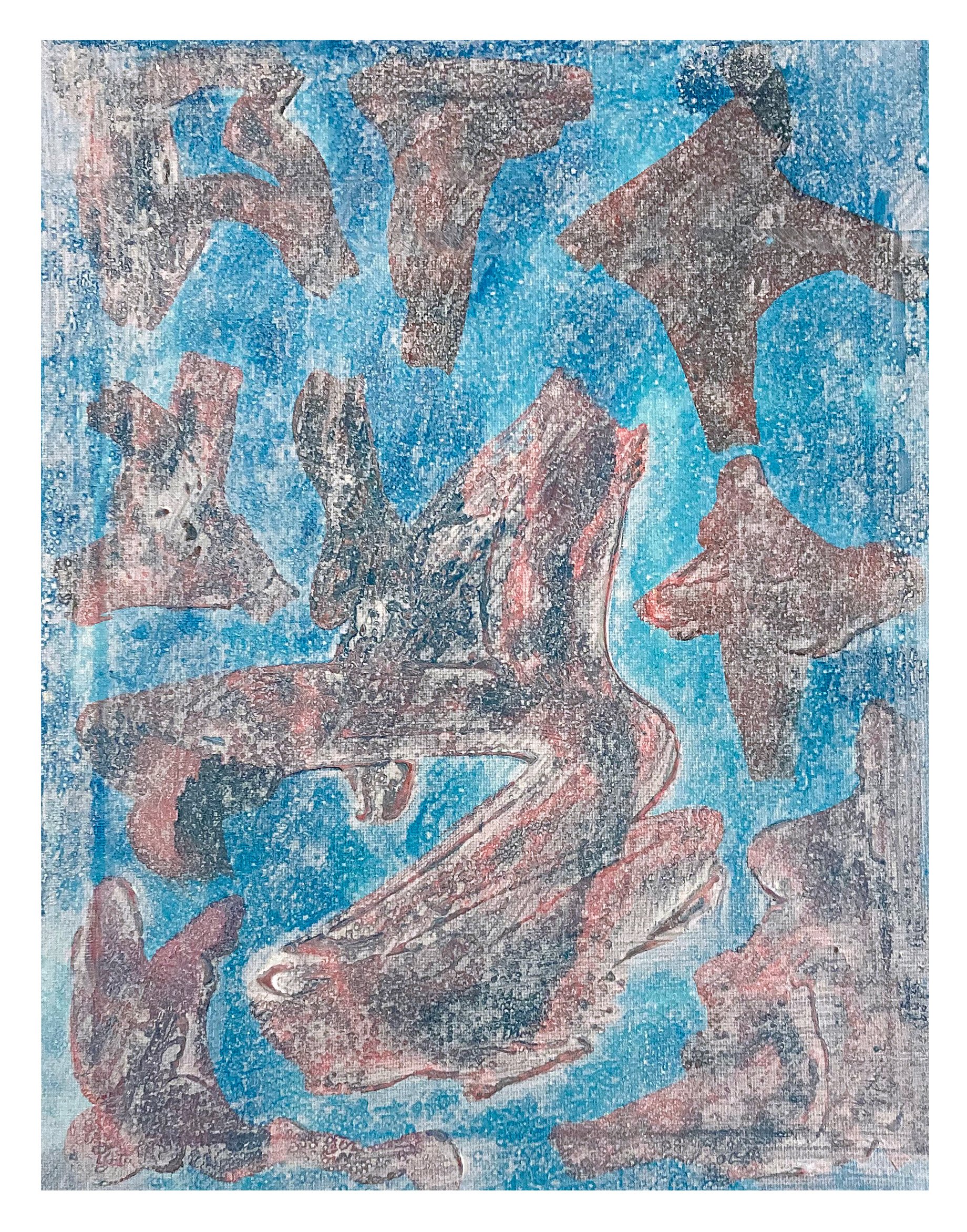 An abstract artwork with a mix of blue, brown, and beige colors, featuring various textured shapes and patterns.