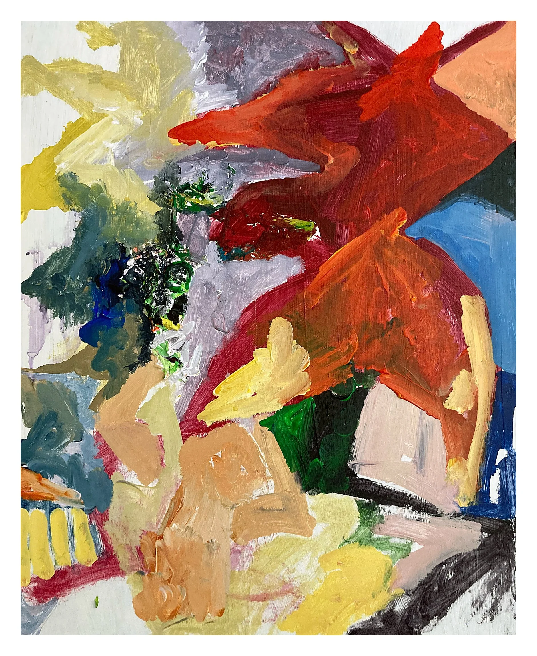 Abstract colorful painting with bold brushstrokes in red, yellow, green, blue, gray, black, and beige on paper.
