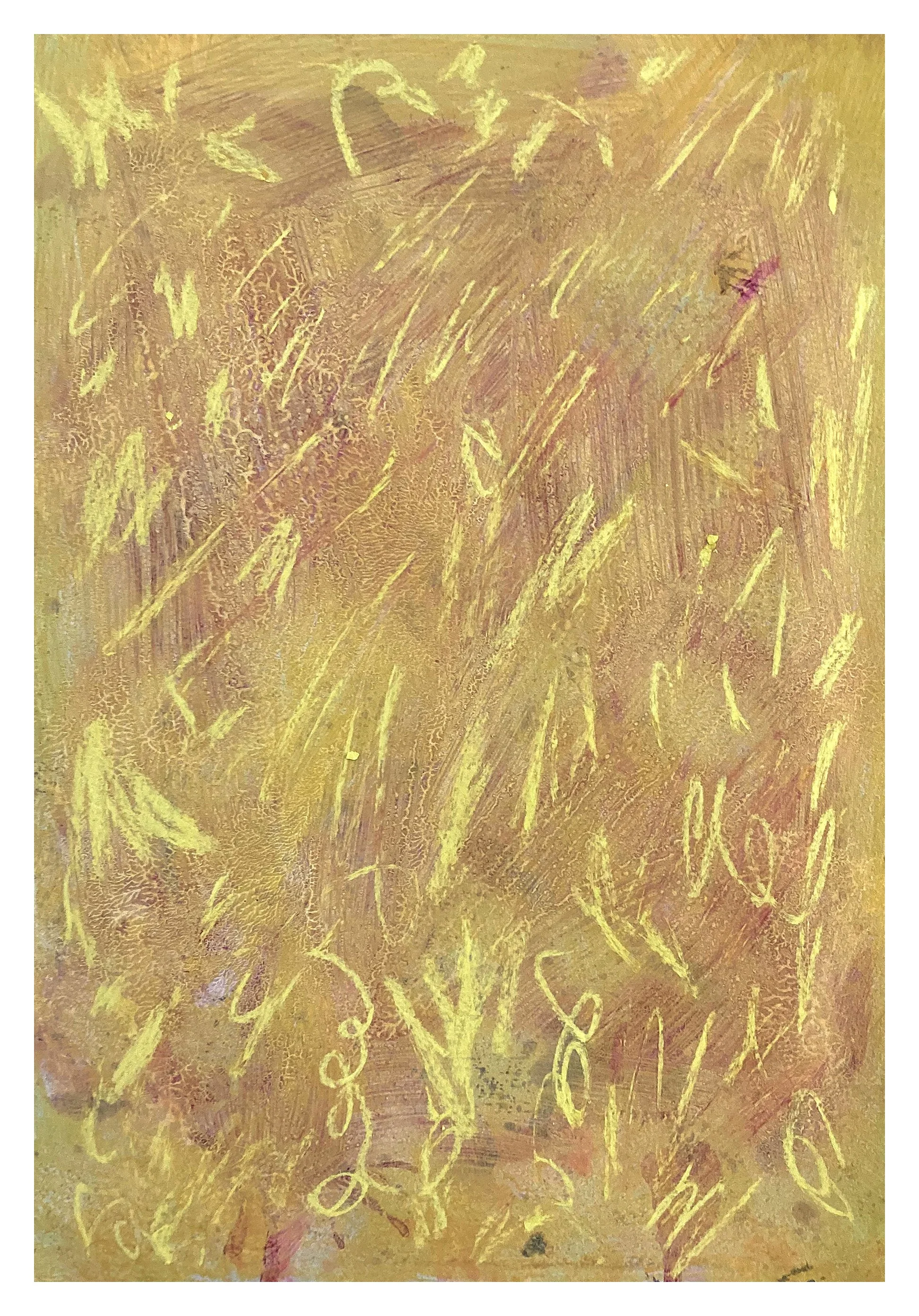 An abstract painting with a yellow and reddish-brown background, featuring scribbled yellow lines and loops scattered across the paper.