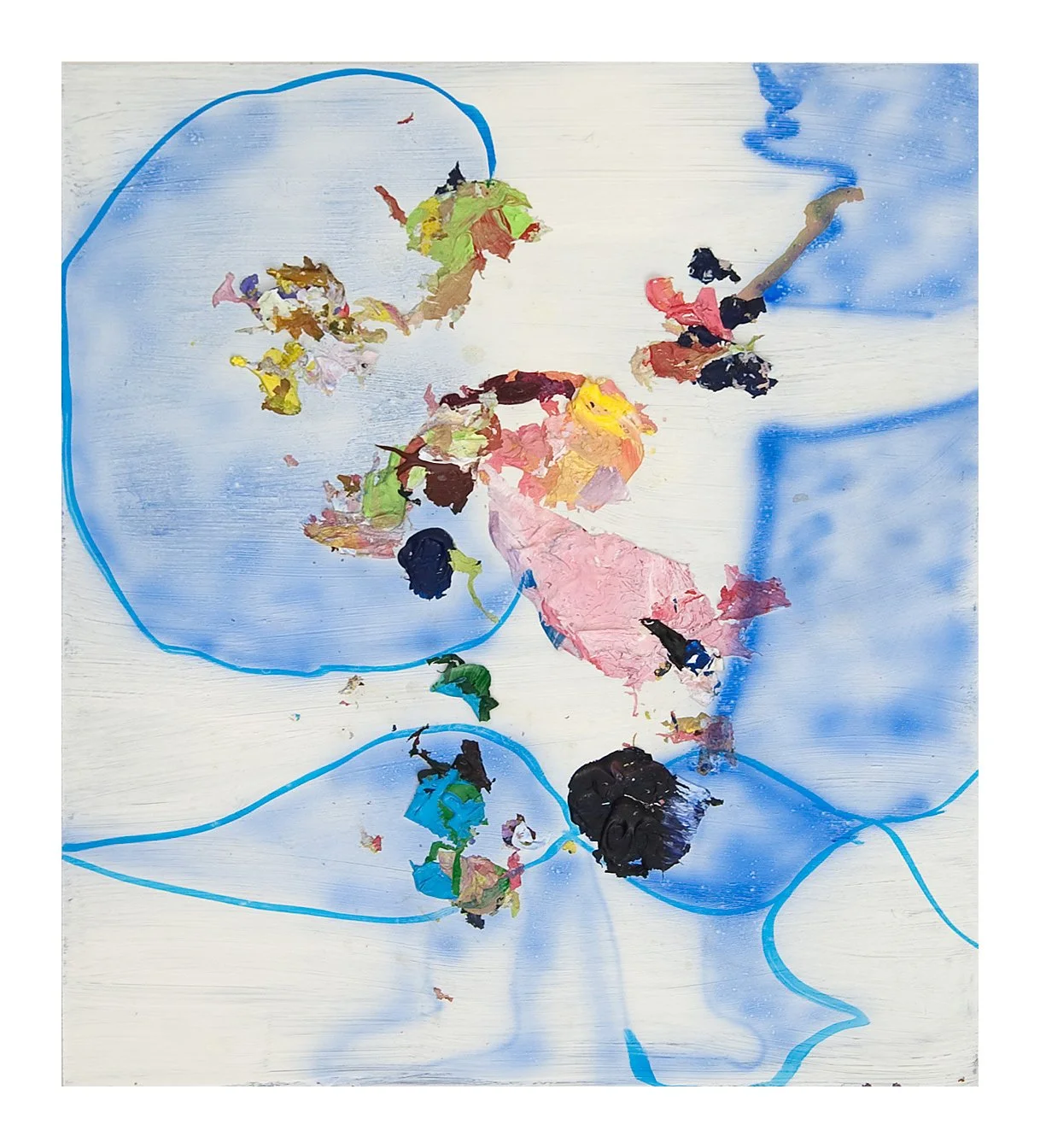 Abstract artwork with splashes of various colors, blue lines, and net-like shapes on a light background.