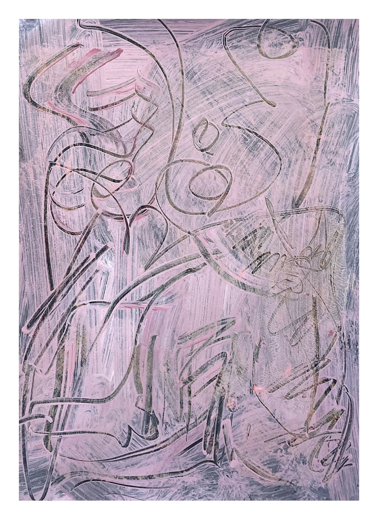 Abstract artwork with swirling black and pink lines on a textured pink background.