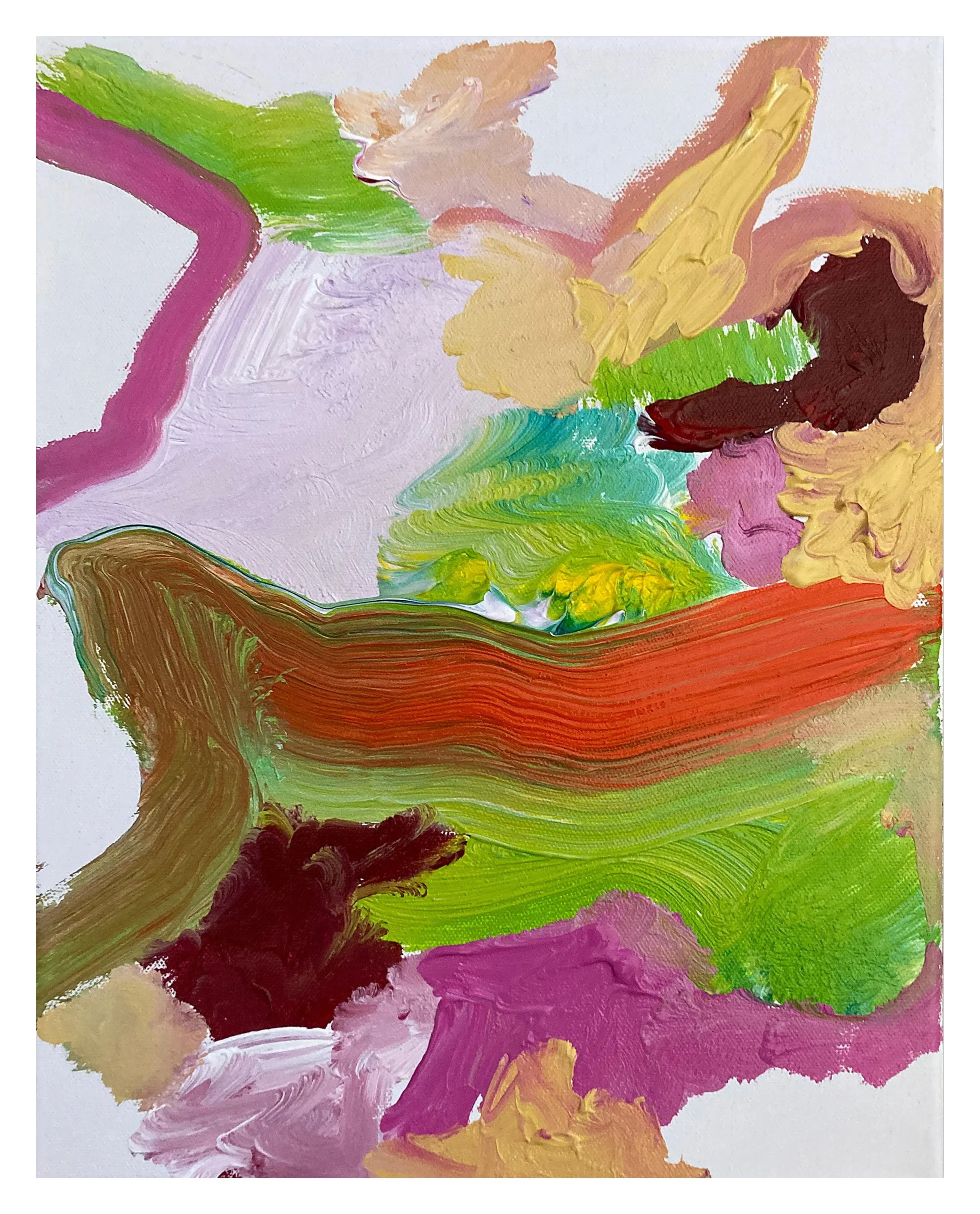 Abstract colorful painting with brushstrokes in green, pink, beige, brown, red, purple, and yellow on a white background.
