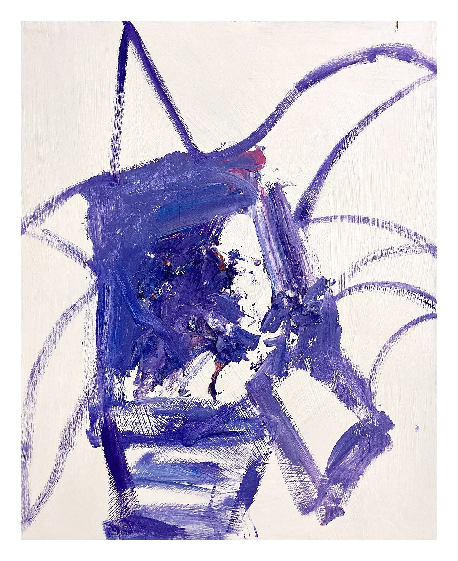 Abstract painting with broad purple brushstrokes on a white background.