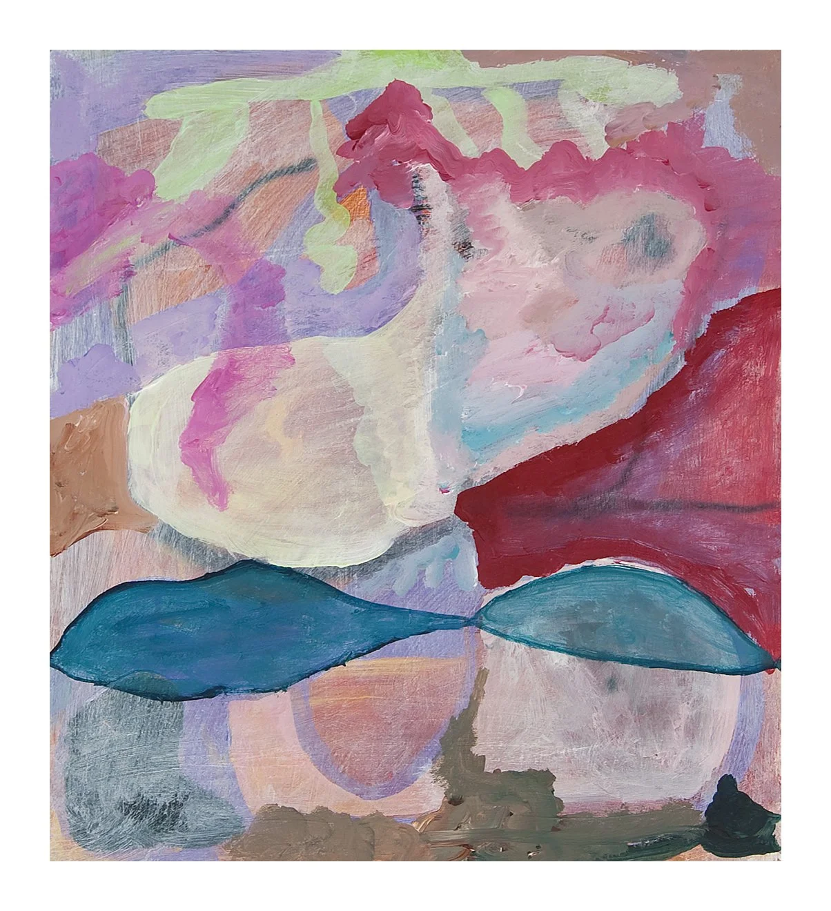 Abstract painting featuring a large pink and white flower with green leaves, set against a mix of pastel purple, blue, brown, and red background.
