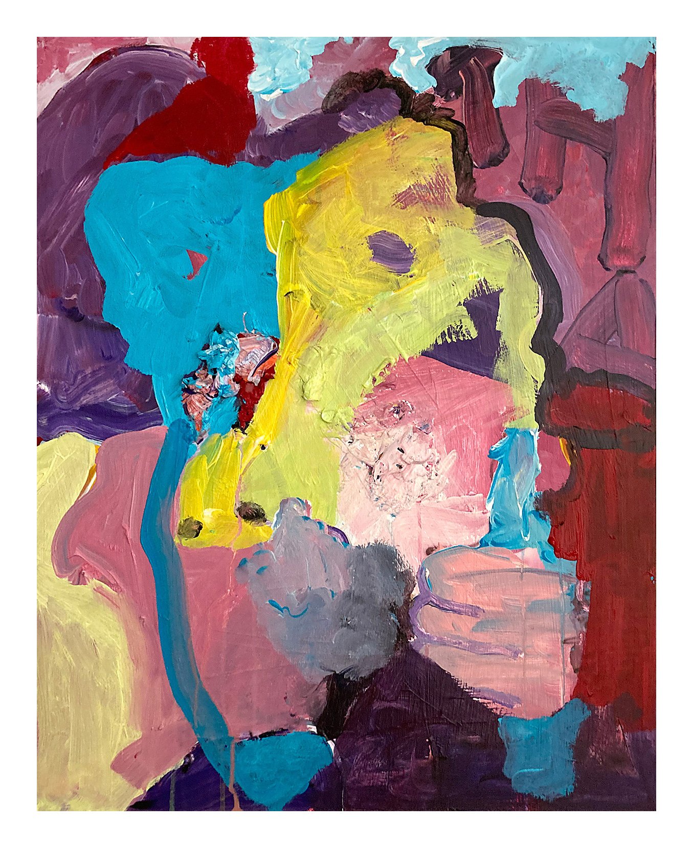 An abstract painting with vibrant colors including purple, red, yellow, pink, and blue, featuring bold brushstrokes and swirling patterns.