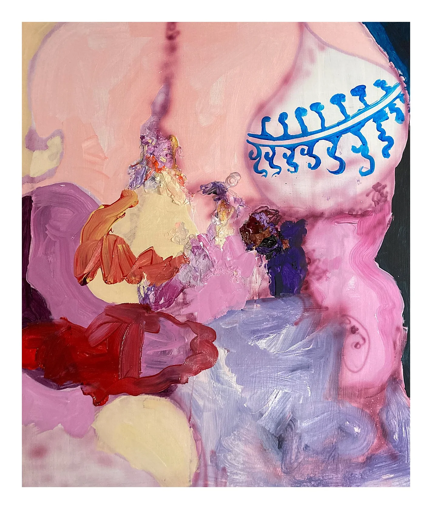 Abstract painting featuring pink, purple, and red hues with some architectural and floral elements, including a blue decorative pattern and textured areas.