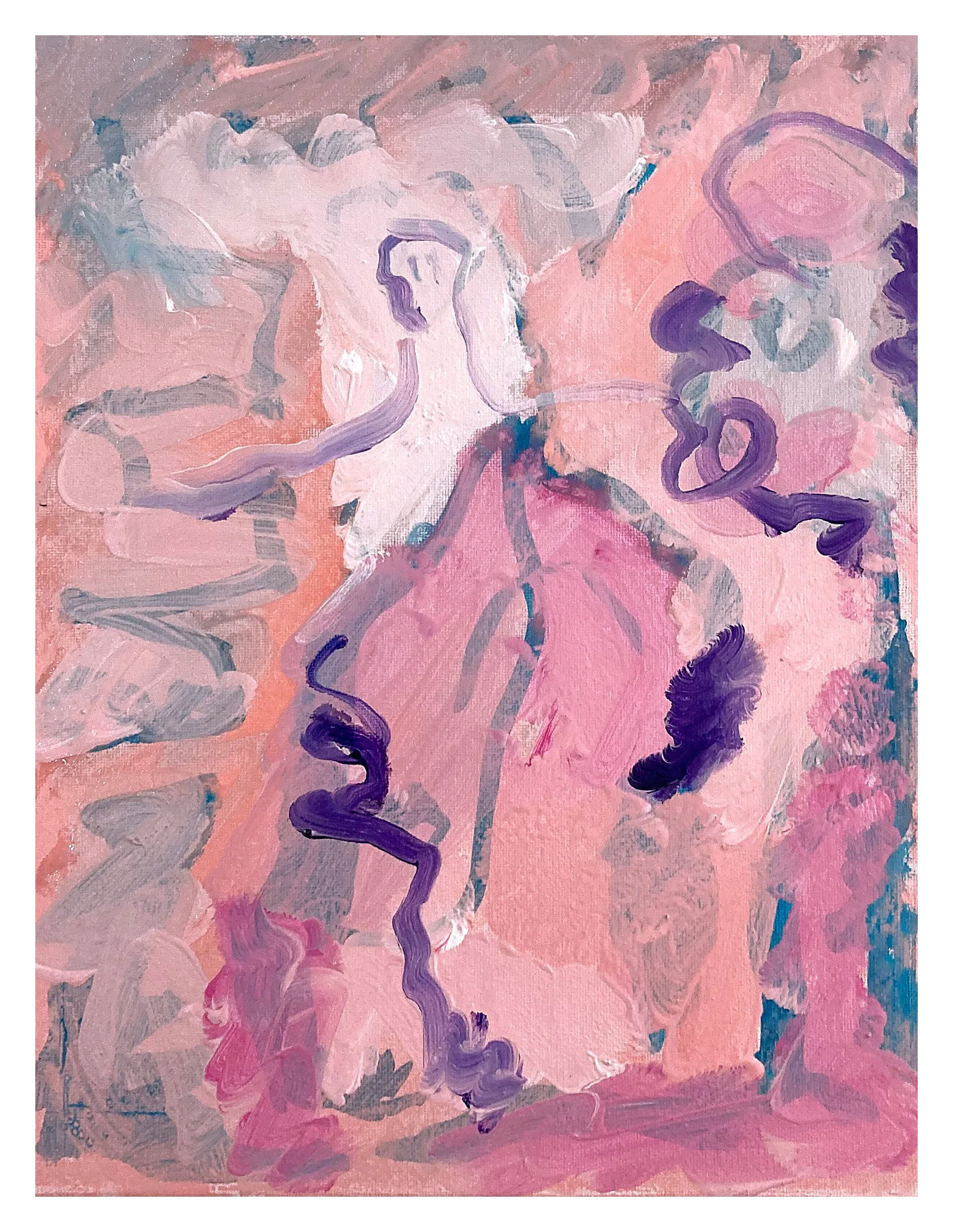 Abstract painting with various shades of pink, purple, and gray, featuring bold, curving purple lines and soft, textured background.
