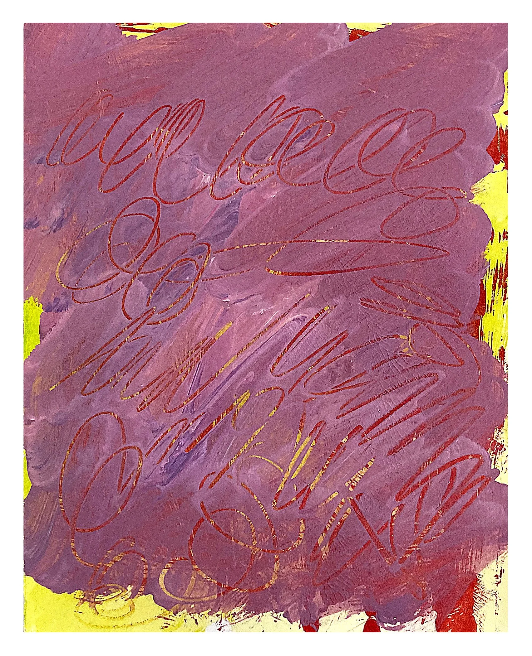 Abstract artwork with a background of purple and yellow paint, overlaid with red cursive writing and swirling patterns.