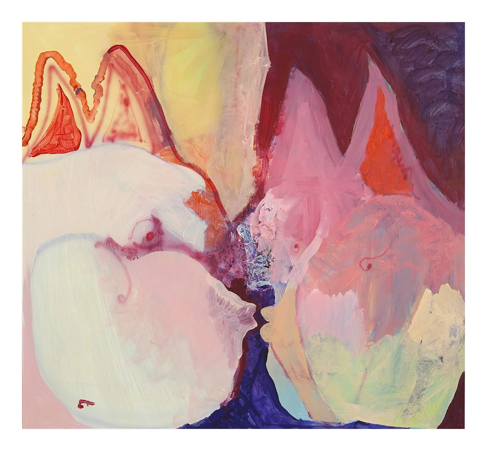 Abstract painting with a mix of soft pastel colors, darker shades, and the appearance of mountain shapes.