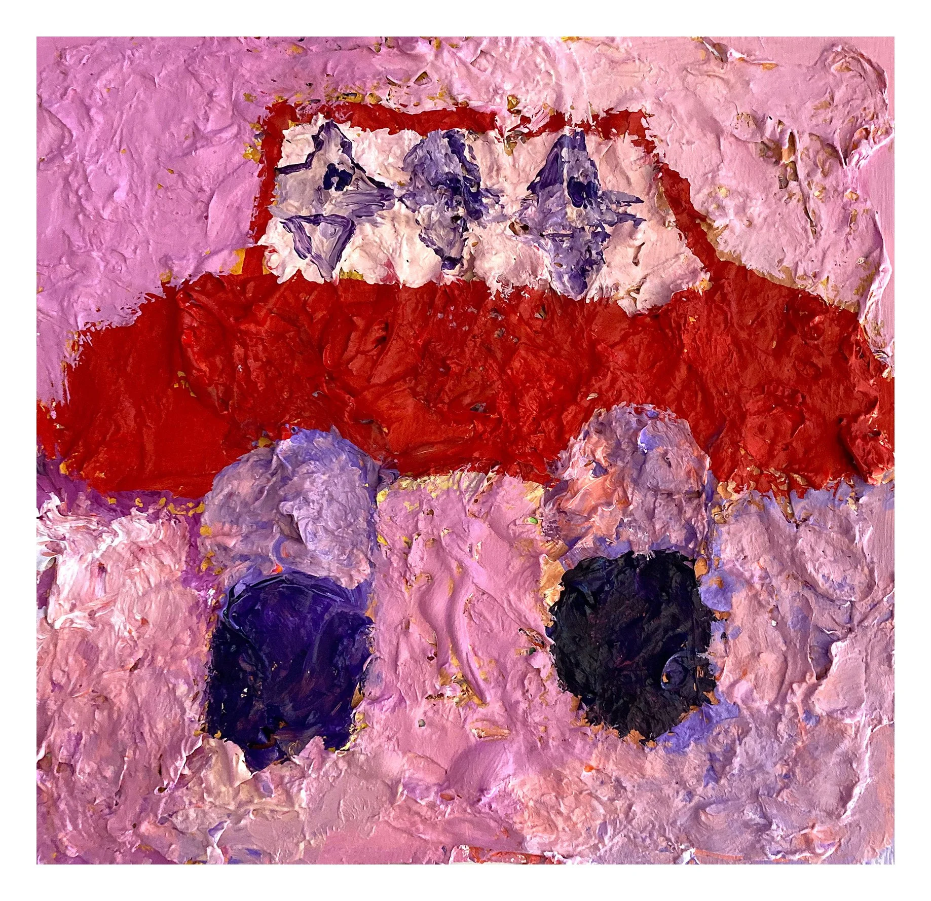 Abstract impressionist painting with pink background, black shapes, white and purple flowers, and red and purple accents. Fuck Ice.