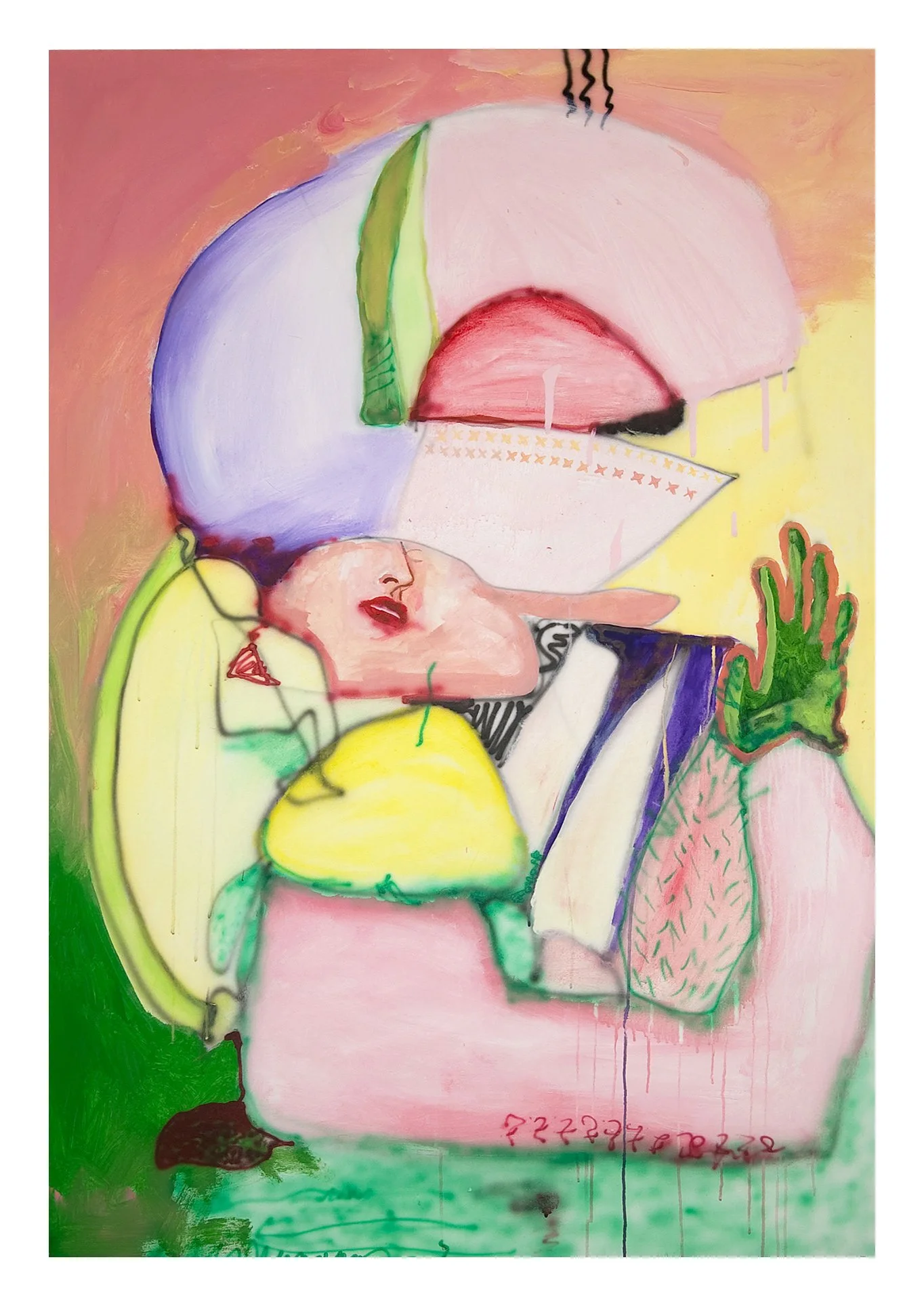 Abstract colorful painting featuring a large flesh-colored face with closed eyes, red lips, and black hair, surrounded by various shapes and colors including green, yellow, pink, and purple. Some areas have scribbled or painted textures and patterns,
