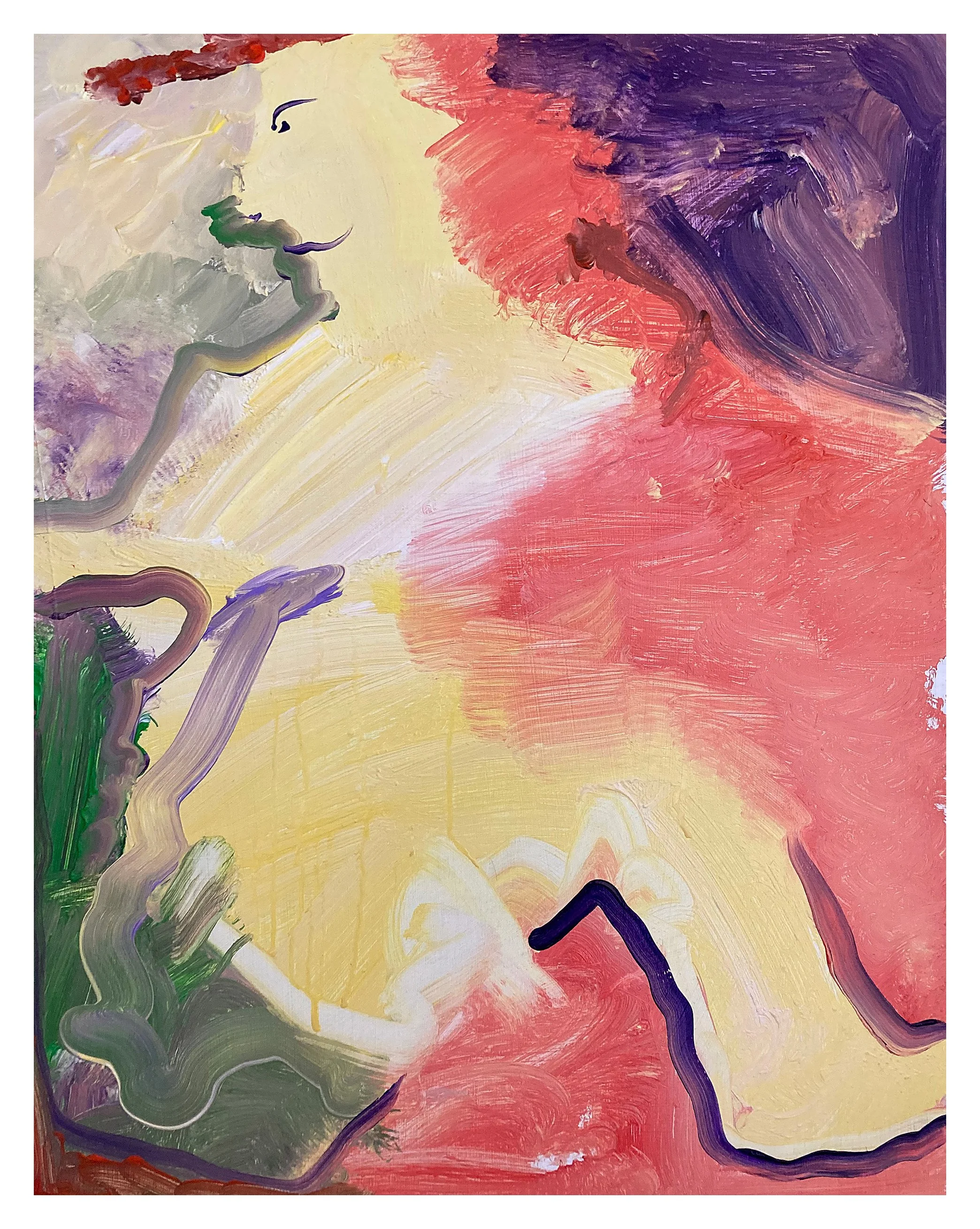Abstract painting with bold brushstrokes in colors including purple, pink, yellow, white, and green.