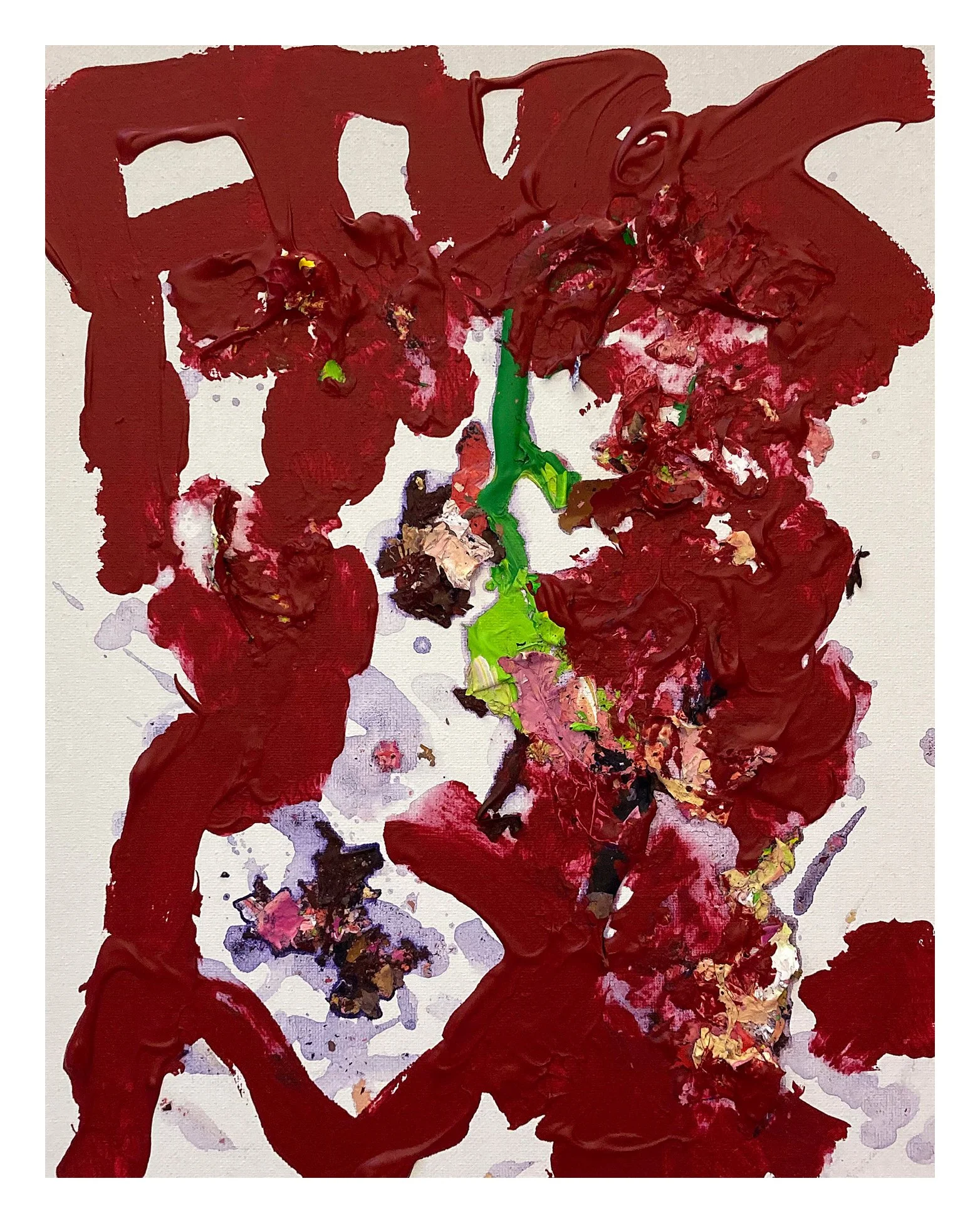 Abstract painting with red, green, pink, purple, and black paint on a white background.