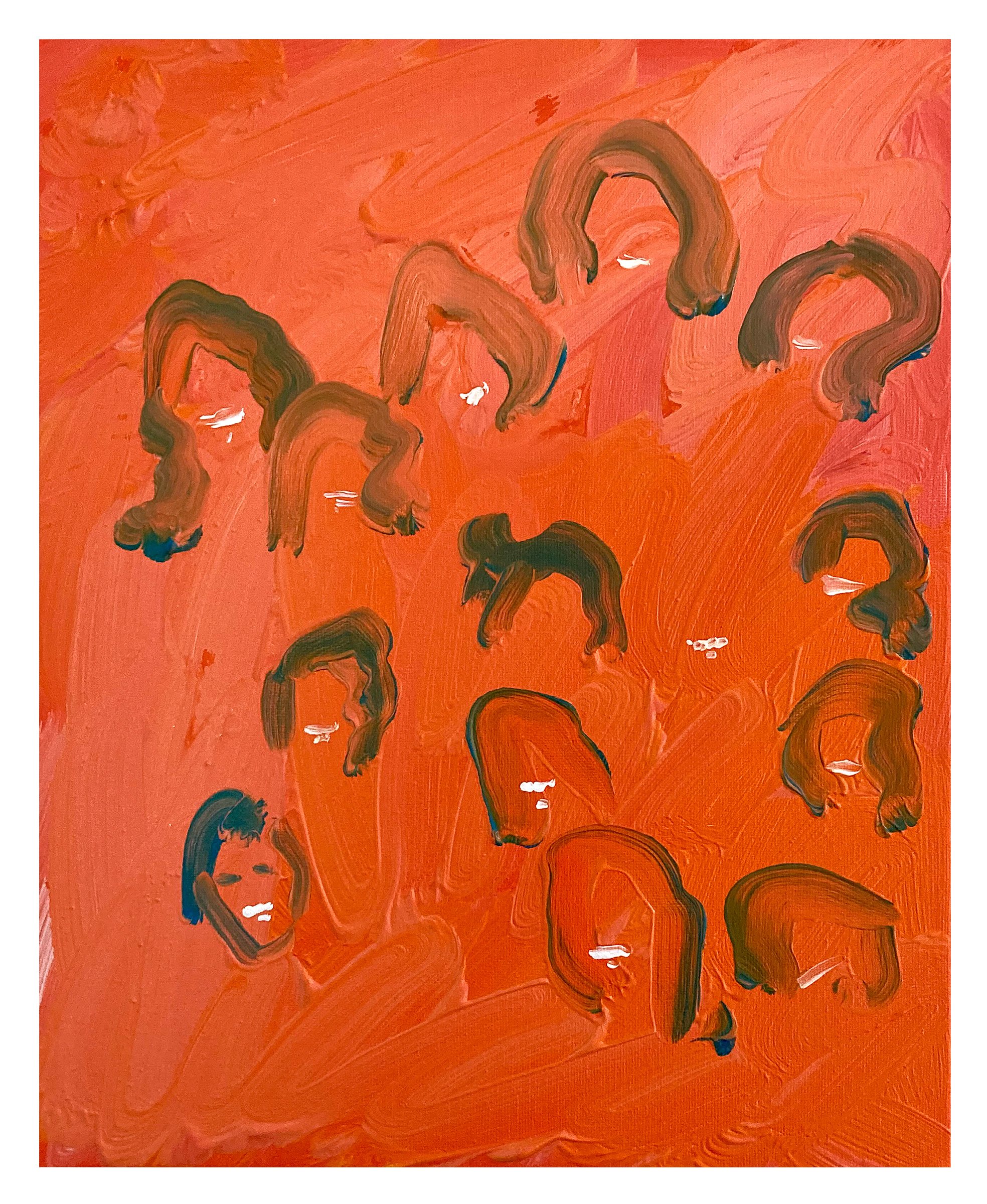 Abstract painting featuring orange background with black, white, and hints of blue curved lines and brushstrokes.