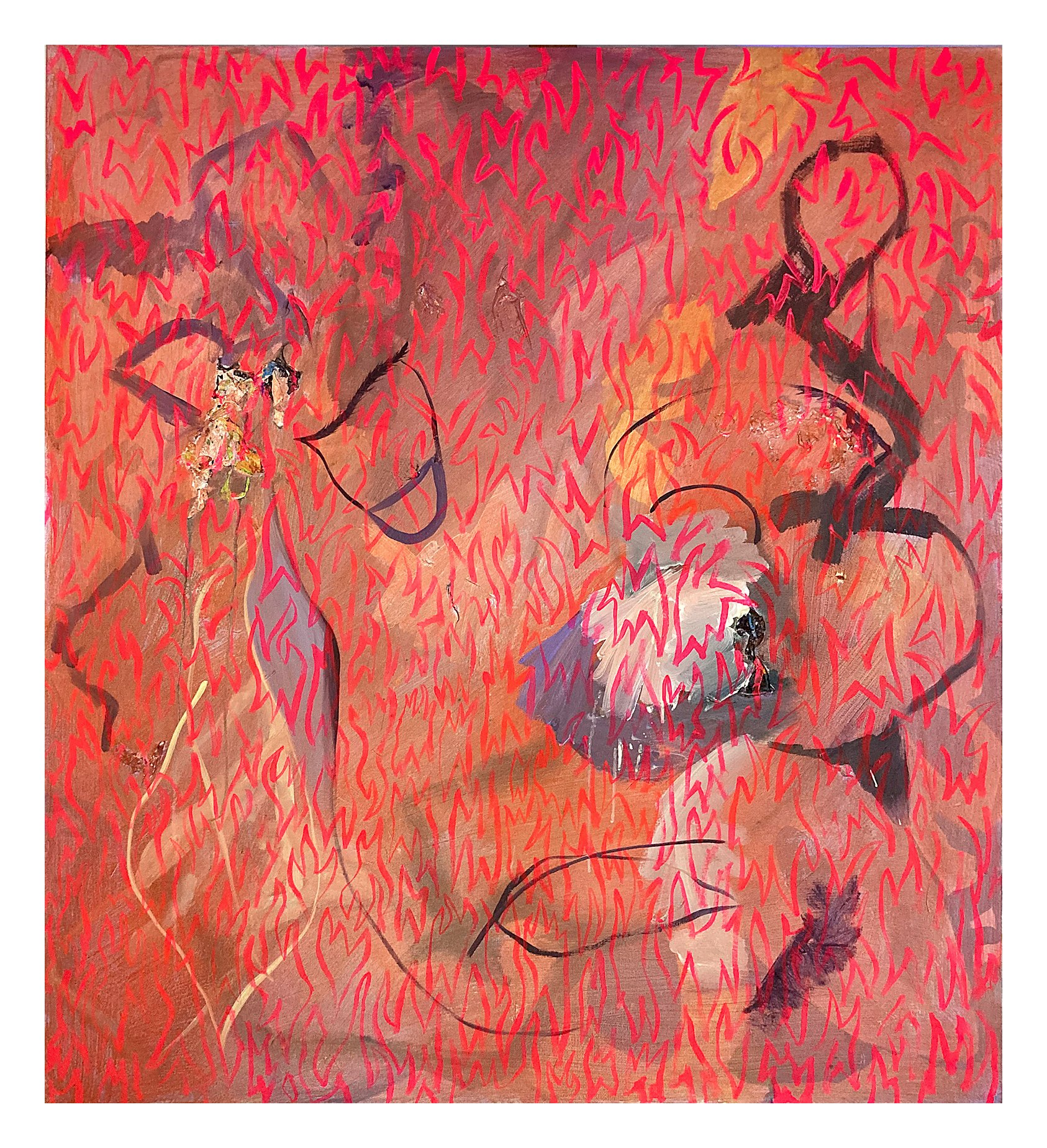 A painting with an abstract background in red, brown, and purple tones, overlaid with red zigzag lines. There are several abstract figures and shapes, including a female figure in a floral dress and human-like outlines, some with bold black lines.