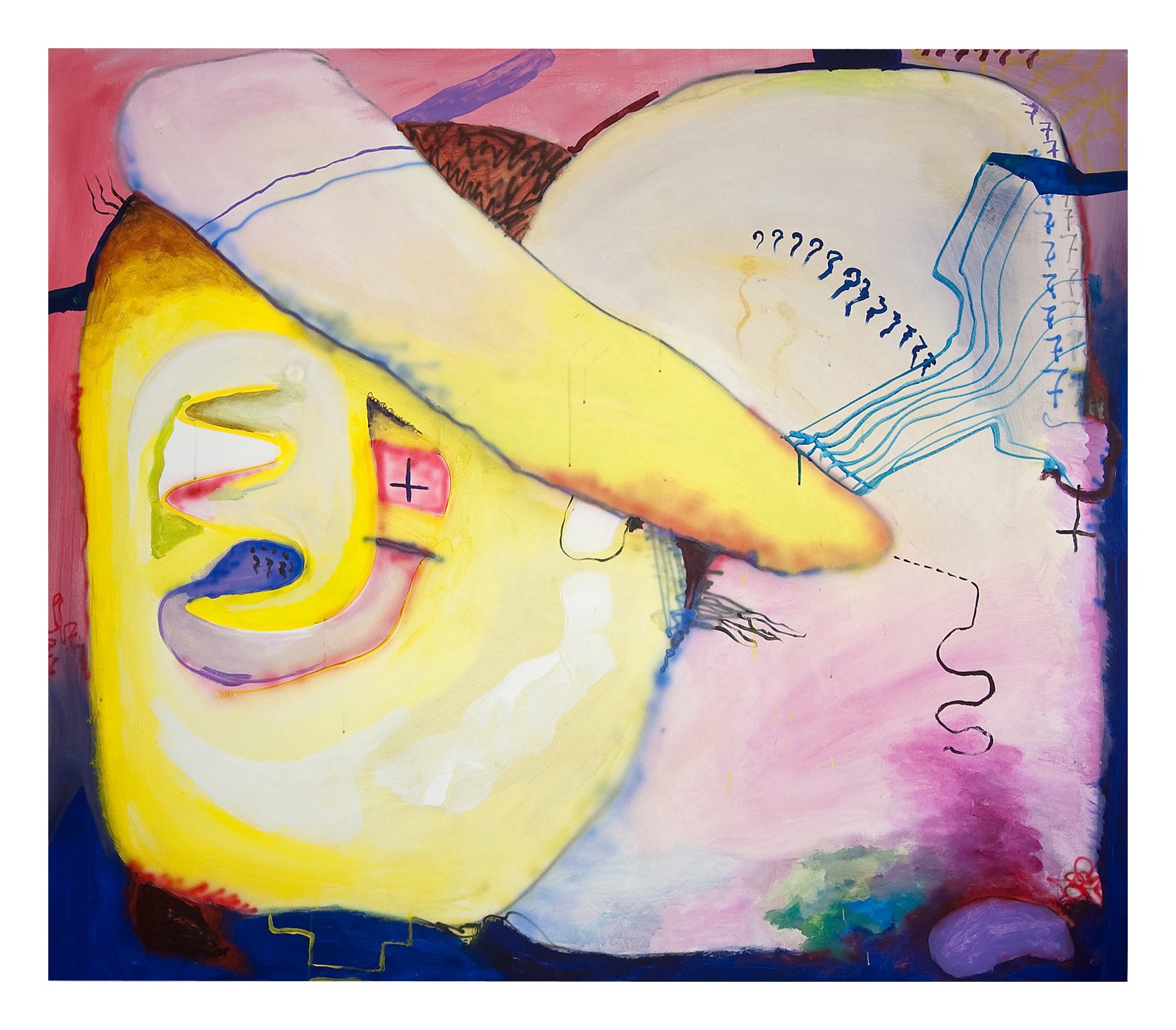 Abstract colorful painting featuring a face in profile with yellow, pink, purple, blue, and black colors and various shapes and lines.