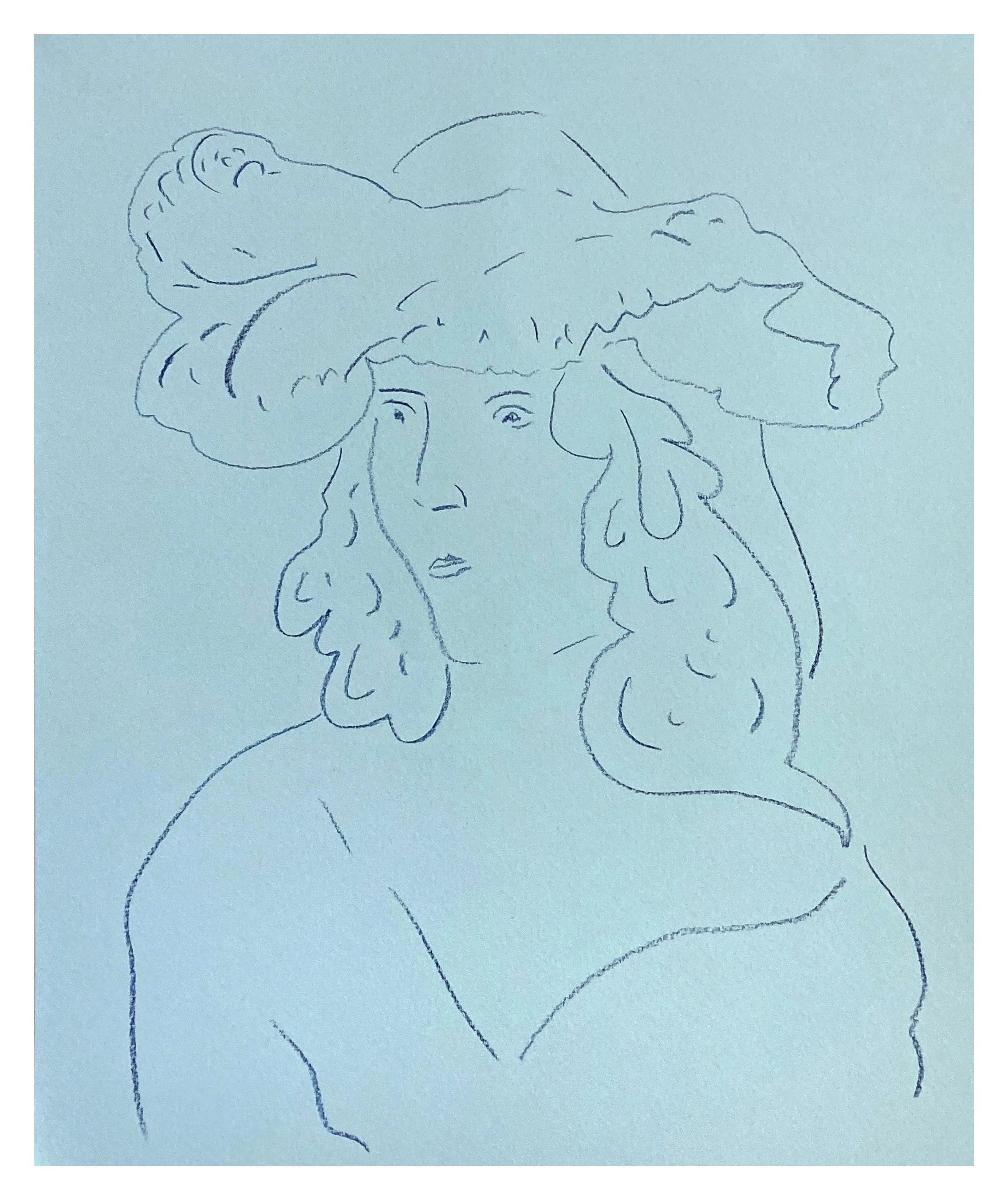 A line drawing of a woman with long, wavy hair, with a large flower or bow on her head and a smaller flower or bow on her shoulder.