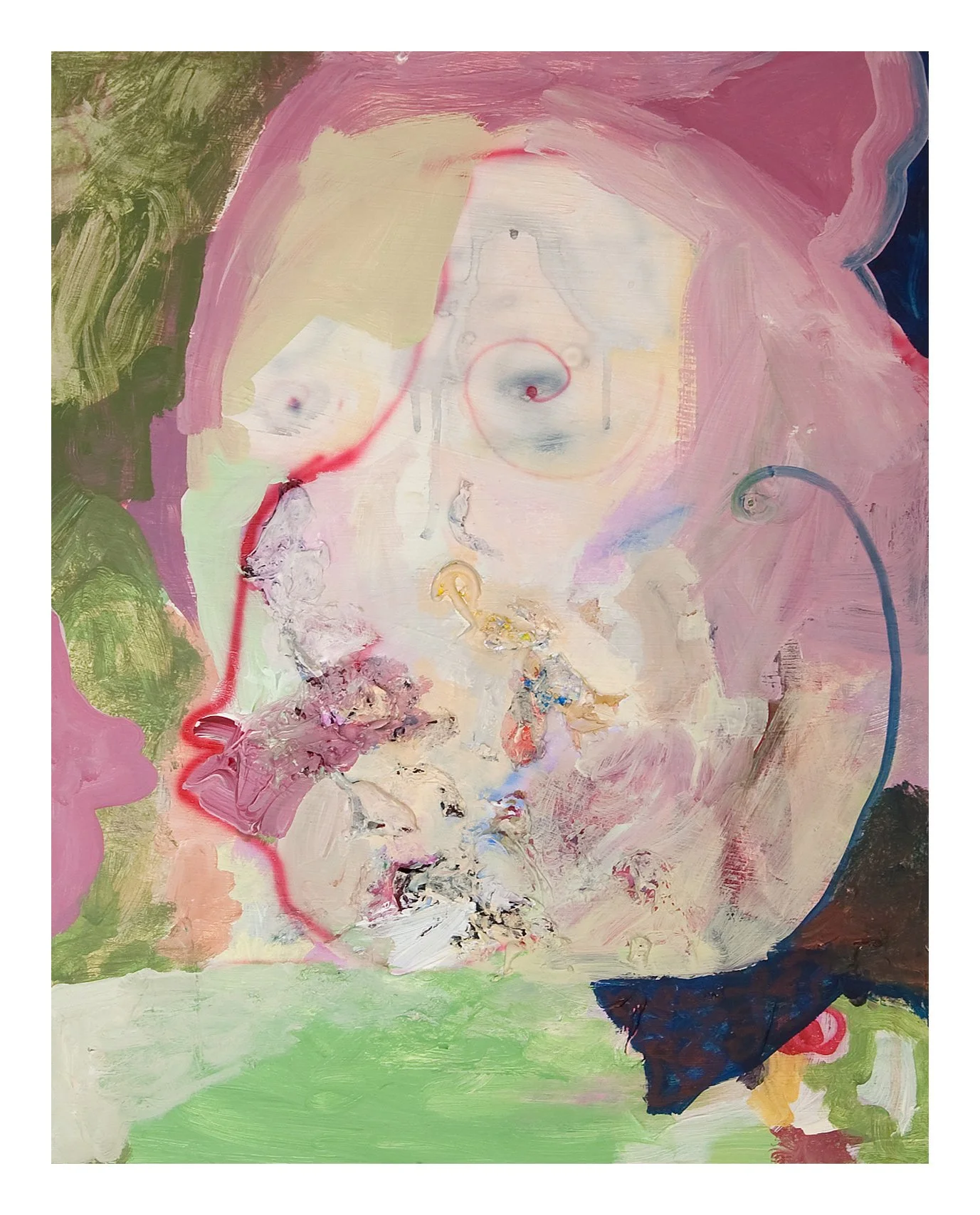 An abstract painting with swirling pastel pink, green, yellow, and blue colors, featuring hints of form and texture.