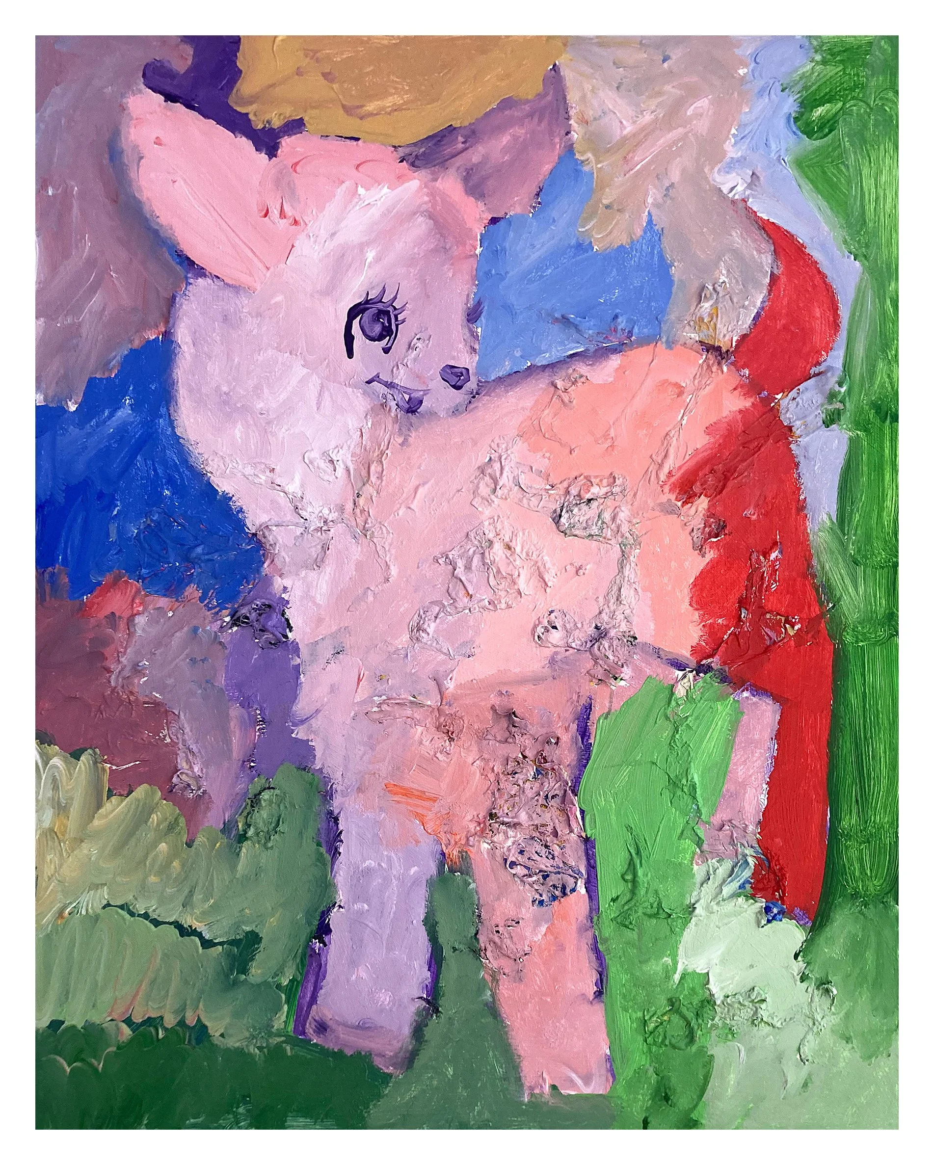 A colorful abstract painting of a sheep with pink, purple, white, and red fur, set against a green background.