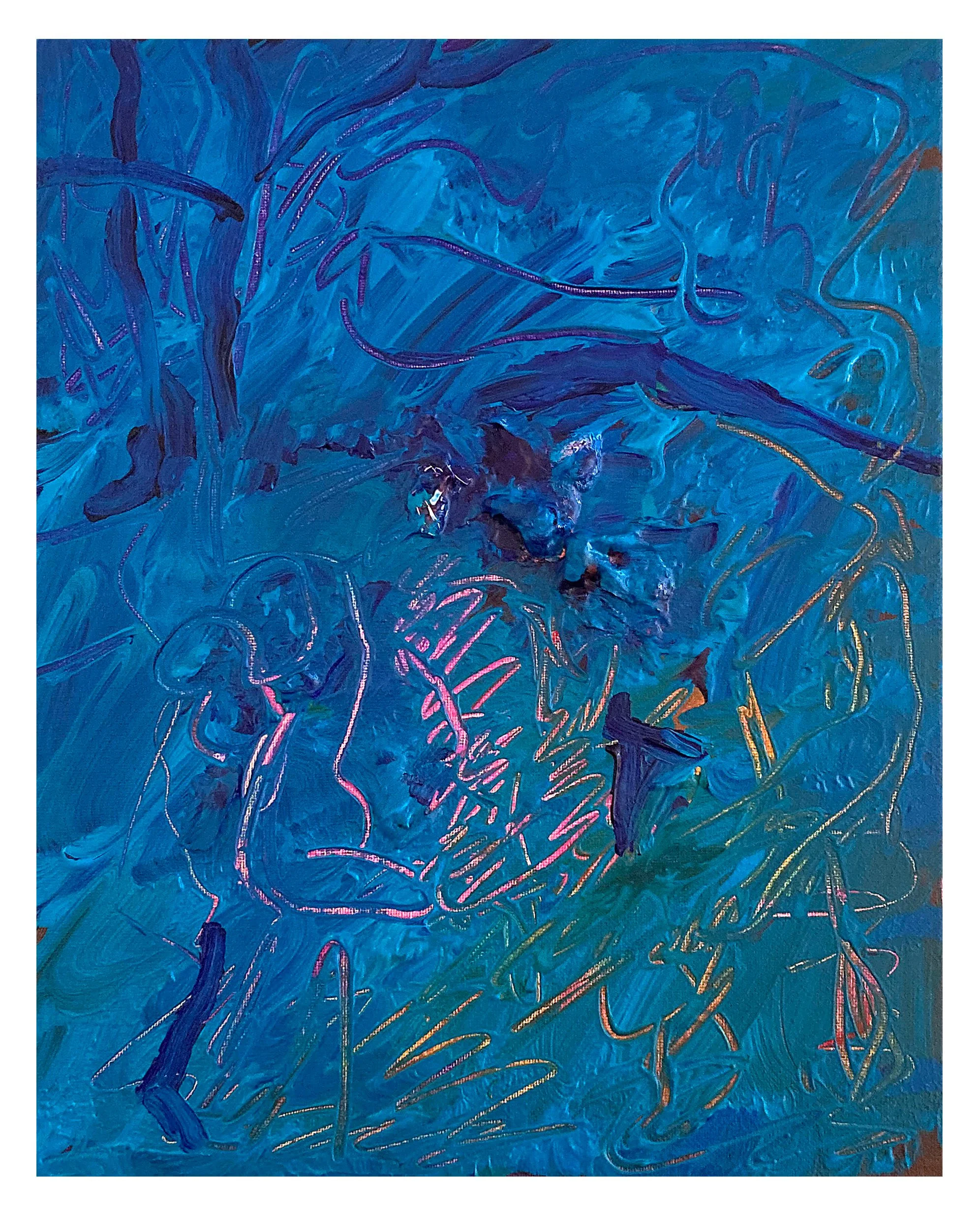 Abstract painting featuring blue and dark purple swirling lines and strokes with hints of gold and reddish colors.