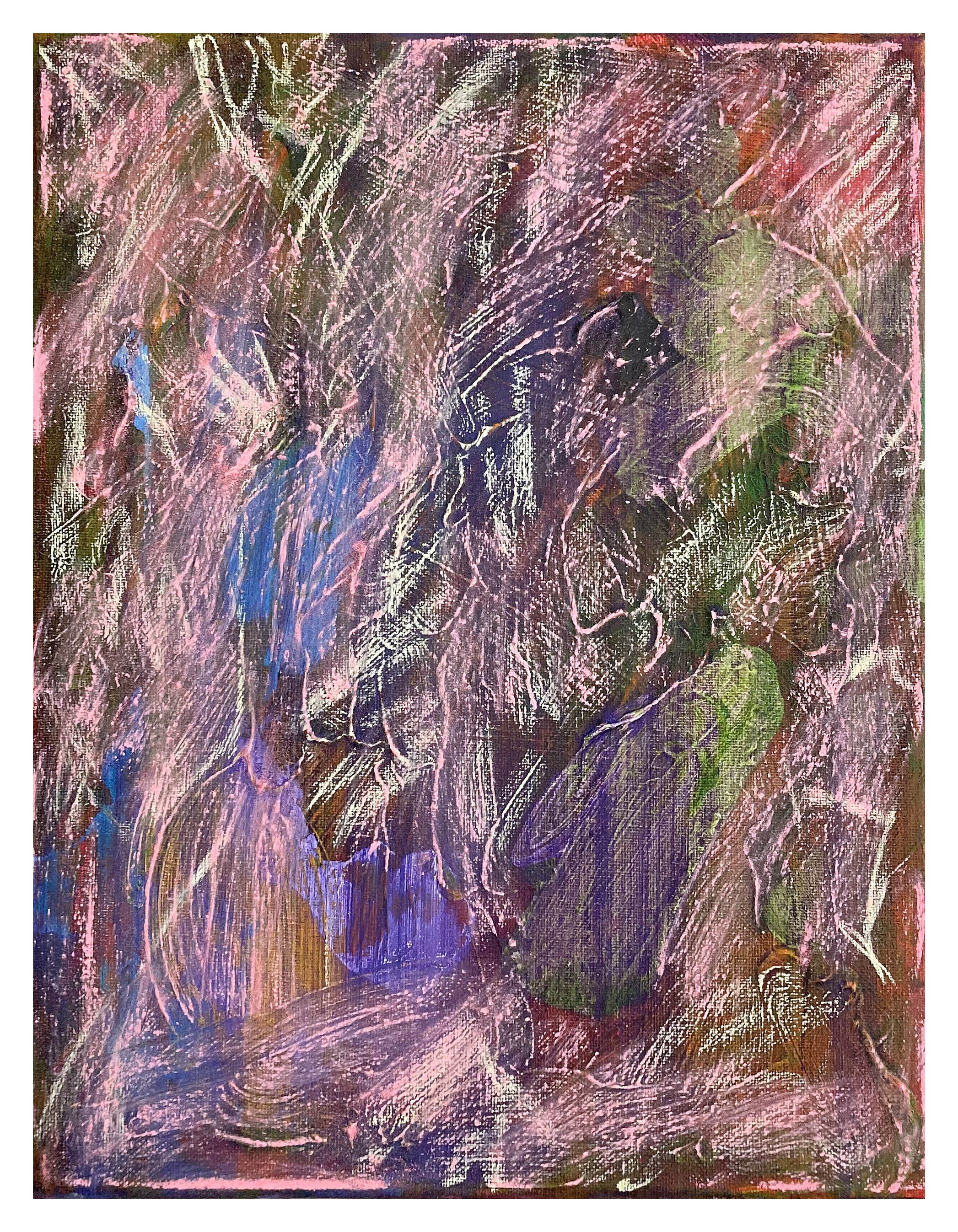An abstract painting with a mix of pink, purple, black, green, and blue colors, created with dynamic and textured brush strokes.